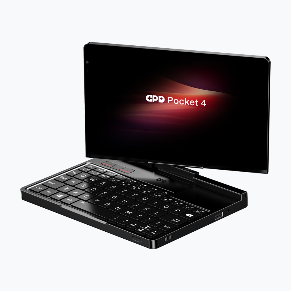Czarny mini laptop GPD Pocket 4, pokazujący klawiaturę i ekran.