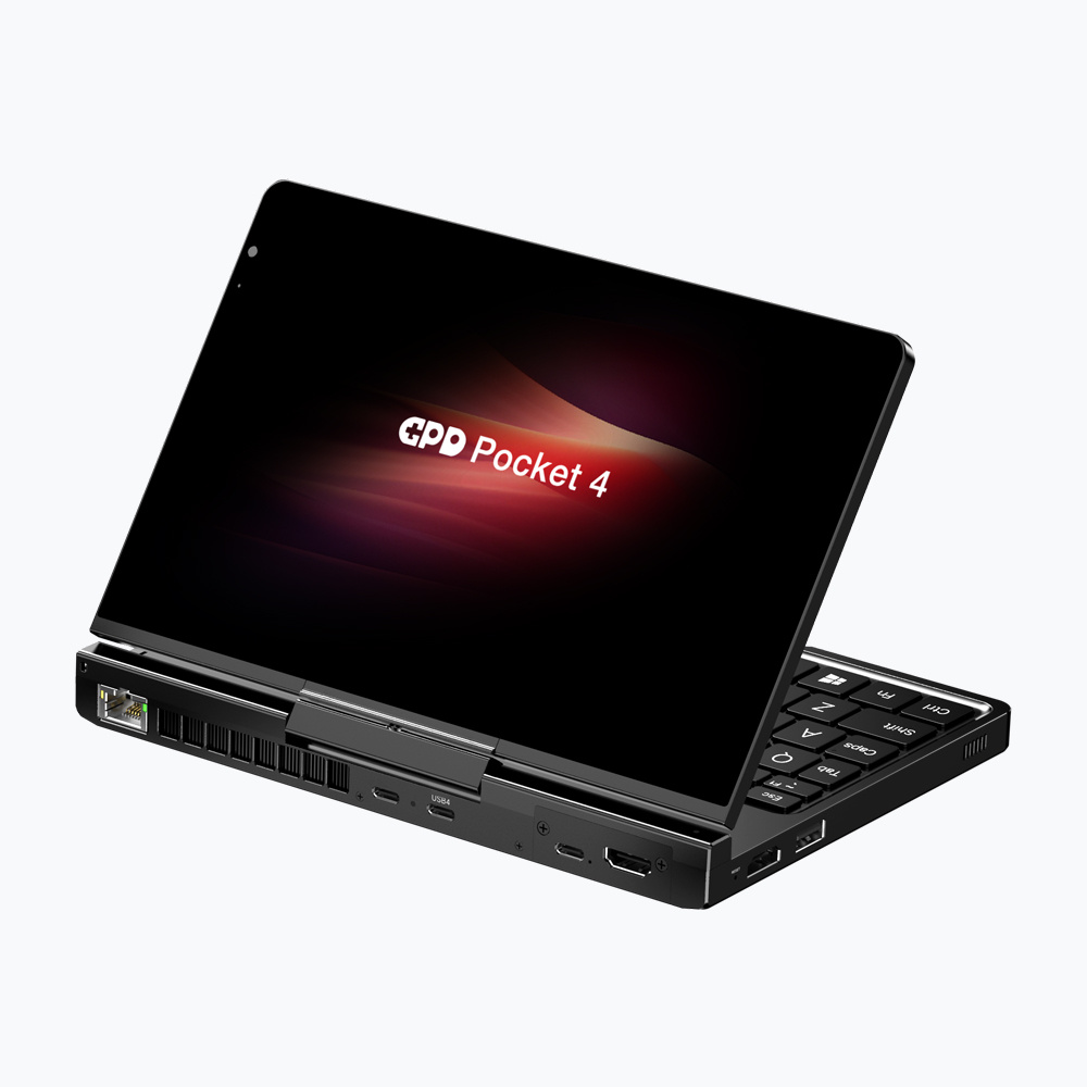 Otwarty czarny laptop z logo "GPD Pocket 4" na ekranie.