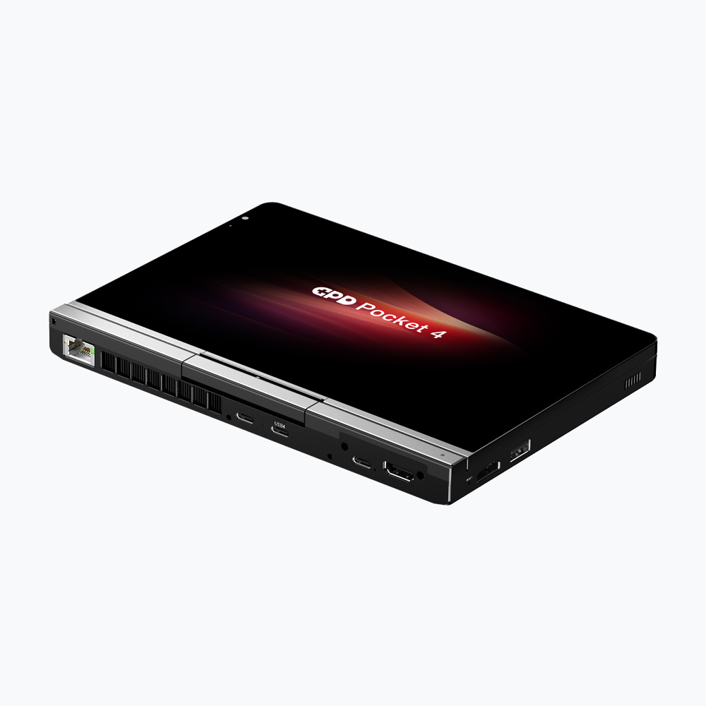 Czarny GPD Pocket 4 z portami po bokach i logo na ekranie.