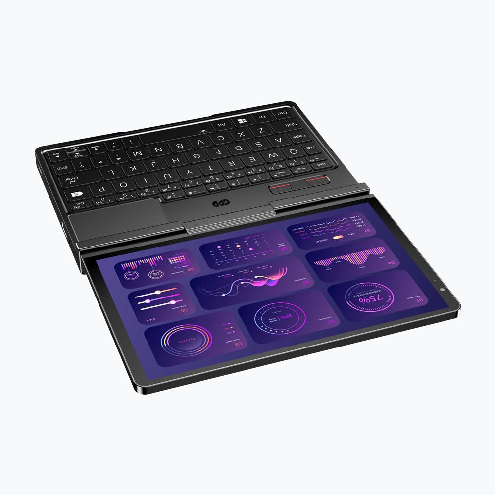 Czarny tablet-laptop z klawiaturą i wieloma wykresami na ekranie.