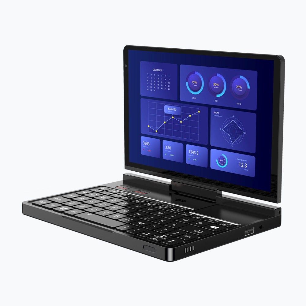 Czarny laptop wyświetlający pulpit nawigacyjny z wykresami i kalendarzem na ekranie.