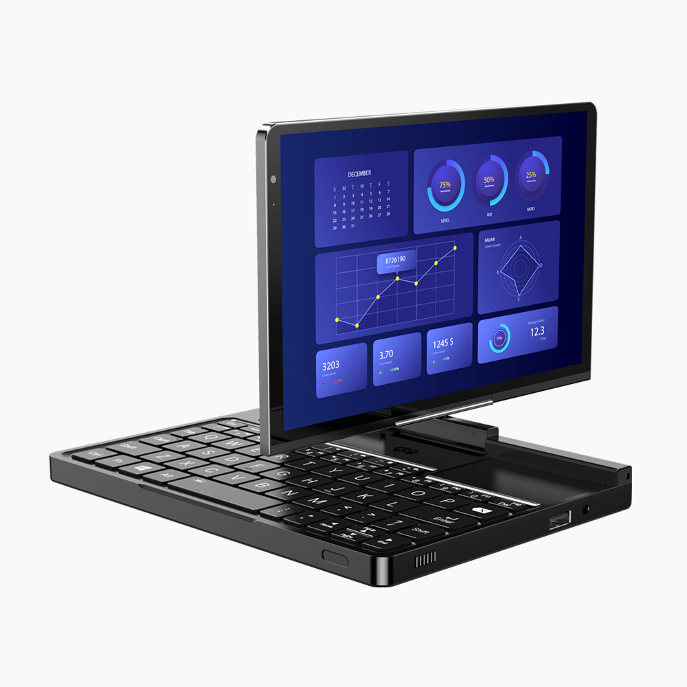 Czarny laptop z otwartym ekranem, wyświetlający wykresy i dane.