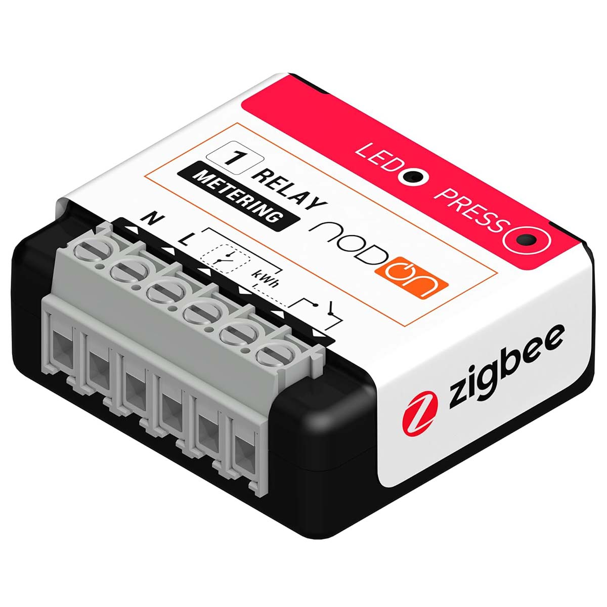 Un interruttore intelligente bianco e nero con logo Zigbee e morsetti.