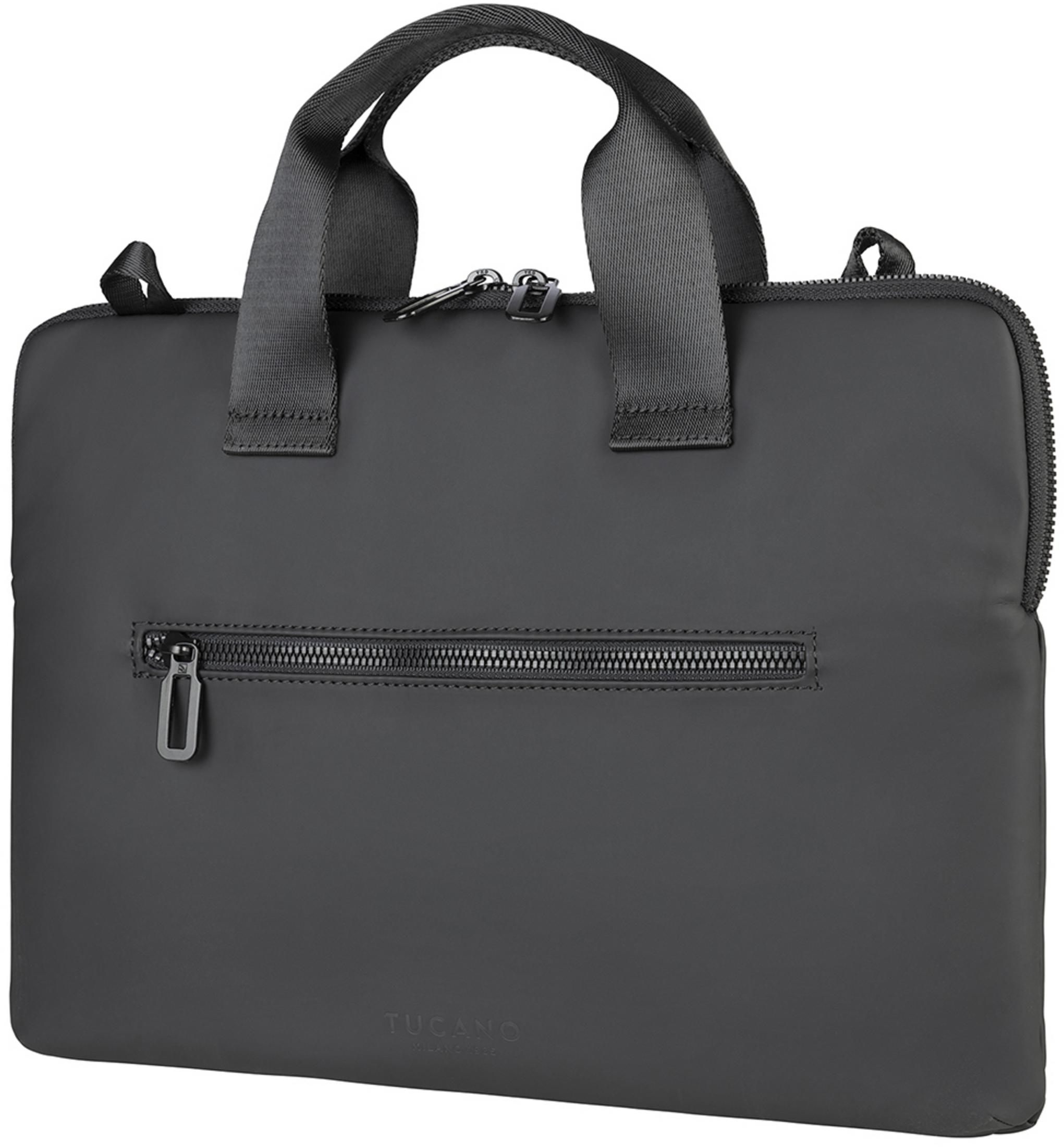 Una borsa nera per laptop con due manici e una tasca frontale con zip.