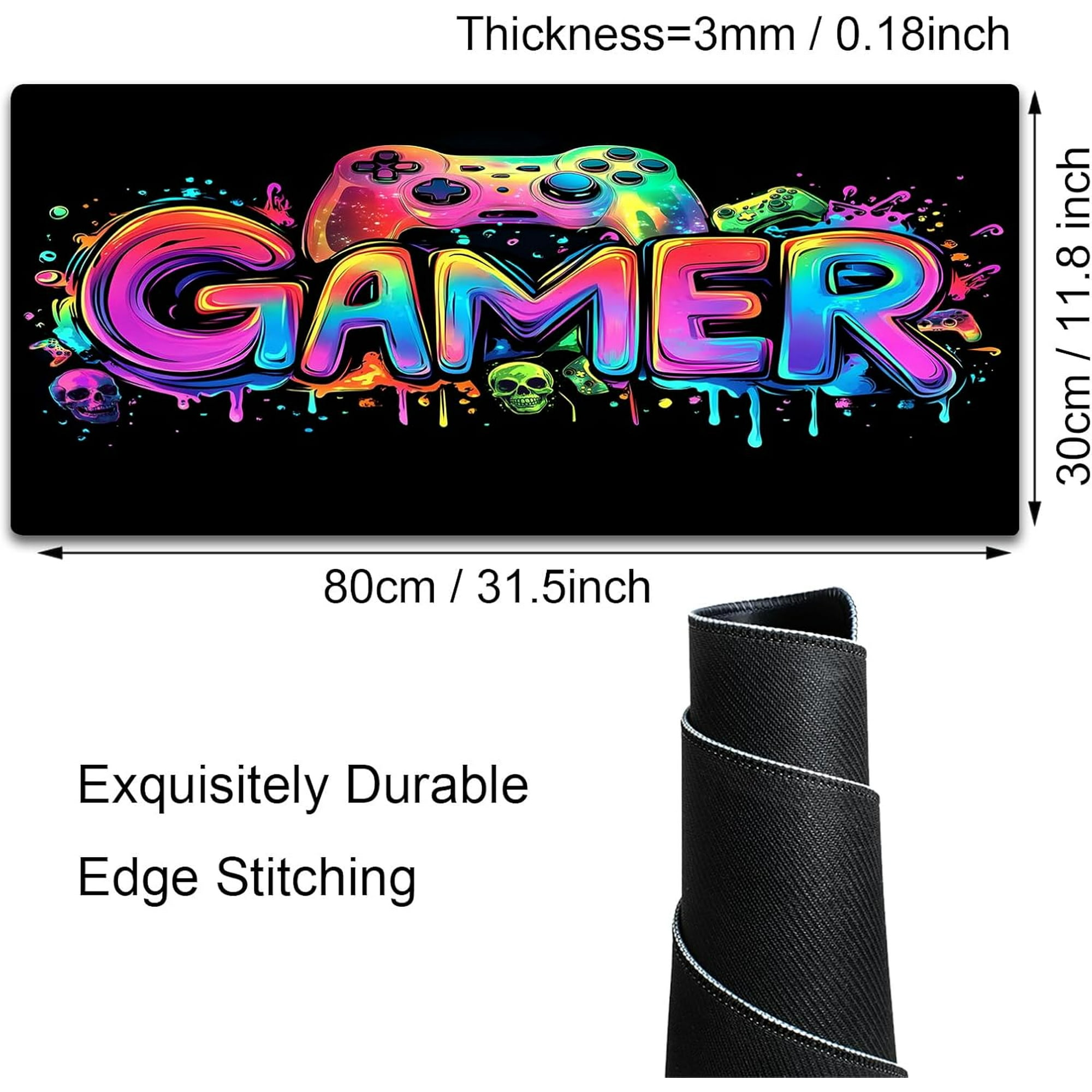 Gaming-Mauspad mit "GAMER"-Schriftzug, Controller und Schädel-Design.