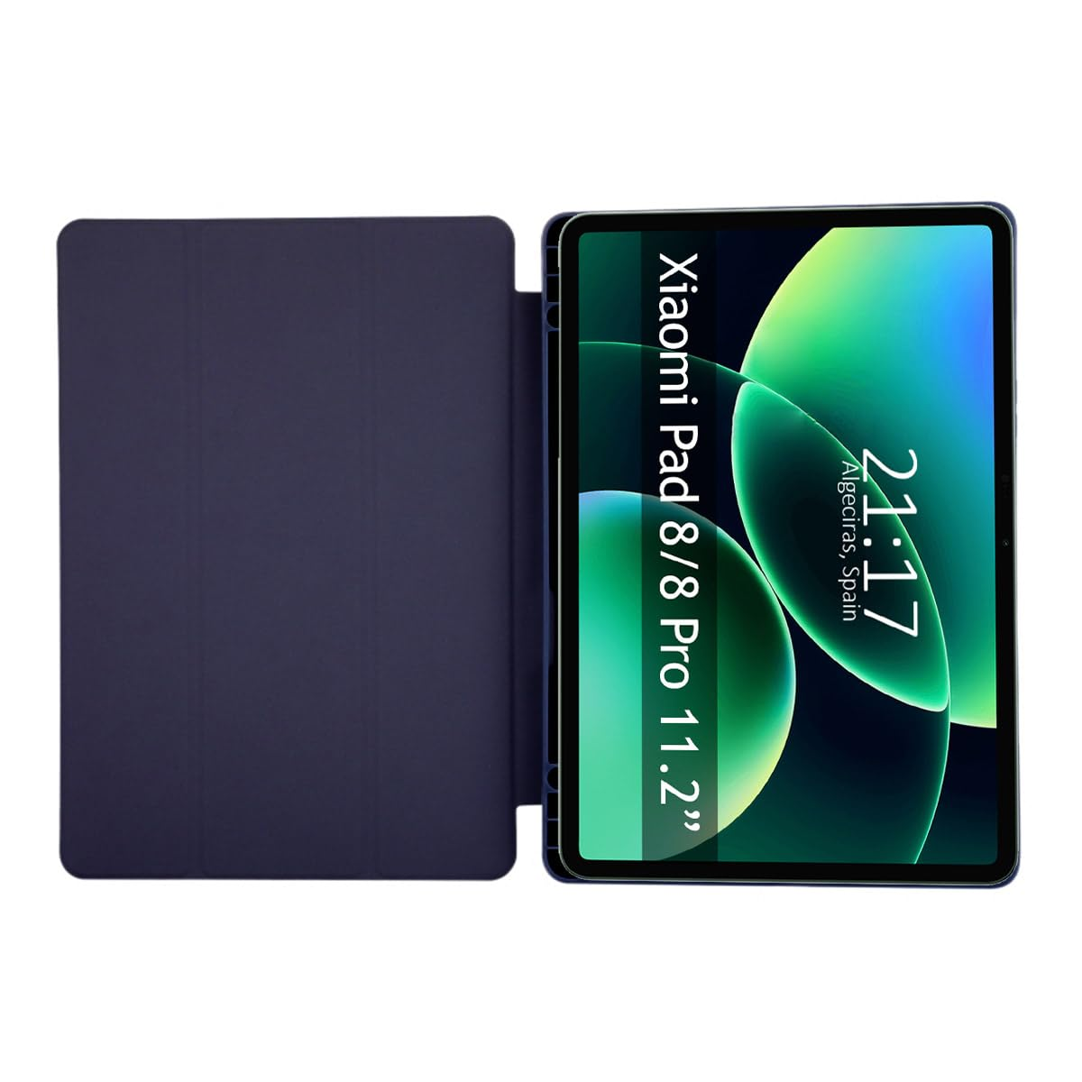 Una tableta azul con la funda abierta, mostrando círculos verdes en la pantalla.