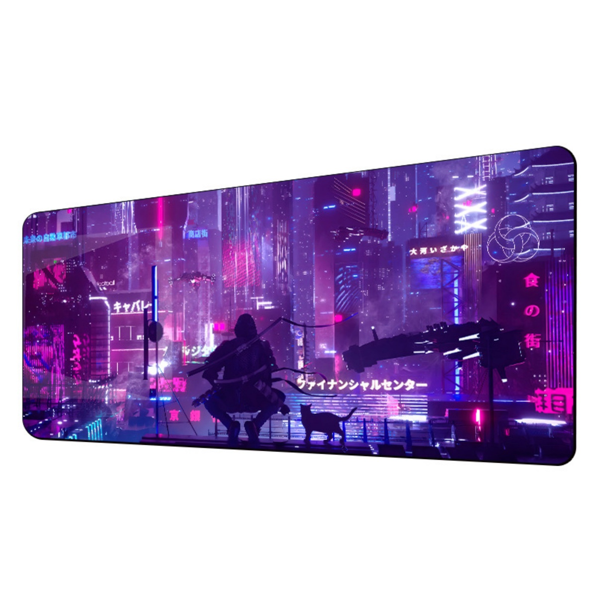 Cyberpunk-Stadt bei Nacht mit Neonlichtern, einer einsamen Figur und einer Katze im Vordergrund.