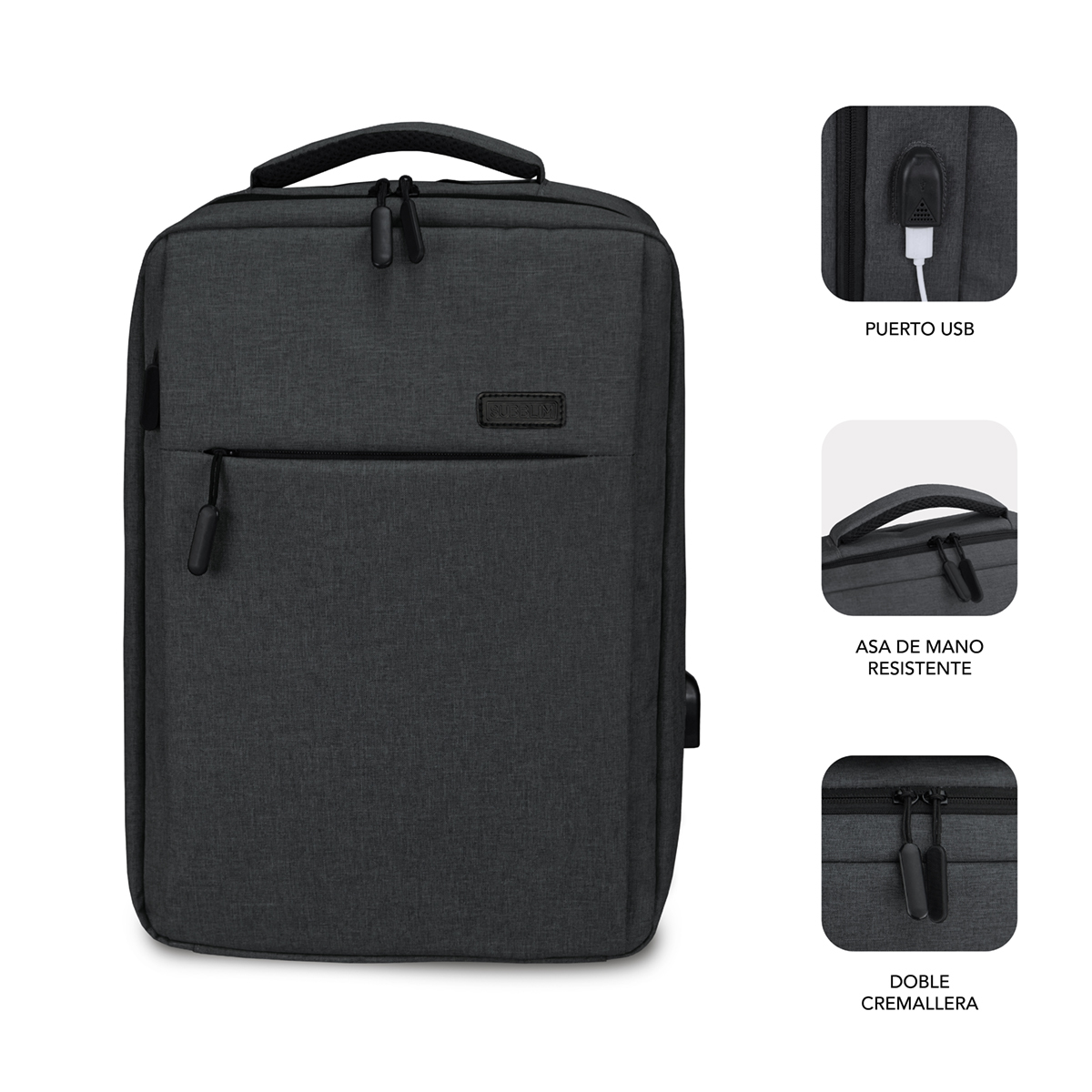 Dunkelgrauer Rucksack mit USB-Anschluss, Tragegriff und Doppelreißverschluss.