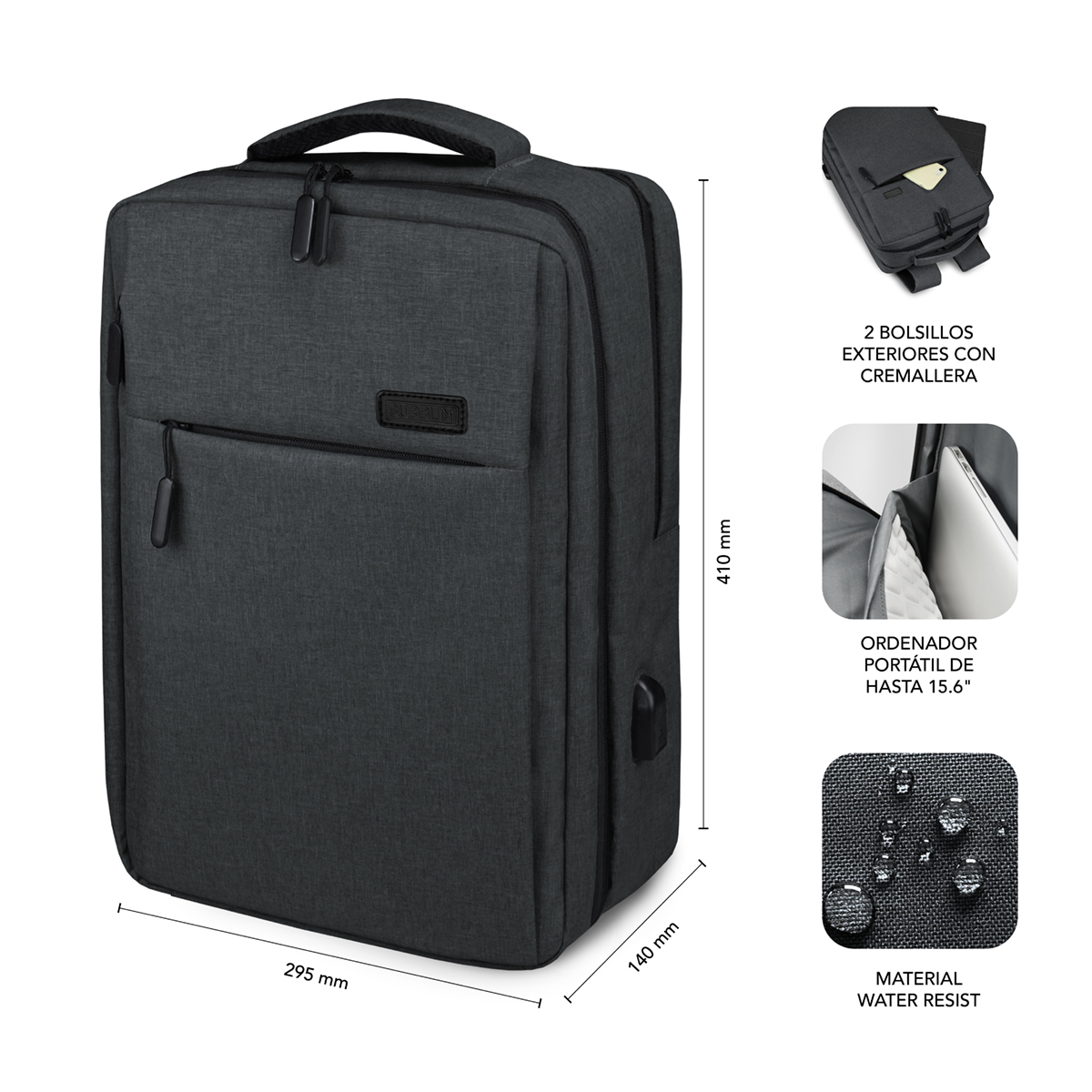 Ein dunkler Rucksack mit Reißverschlusstaschen und Laptopfach.