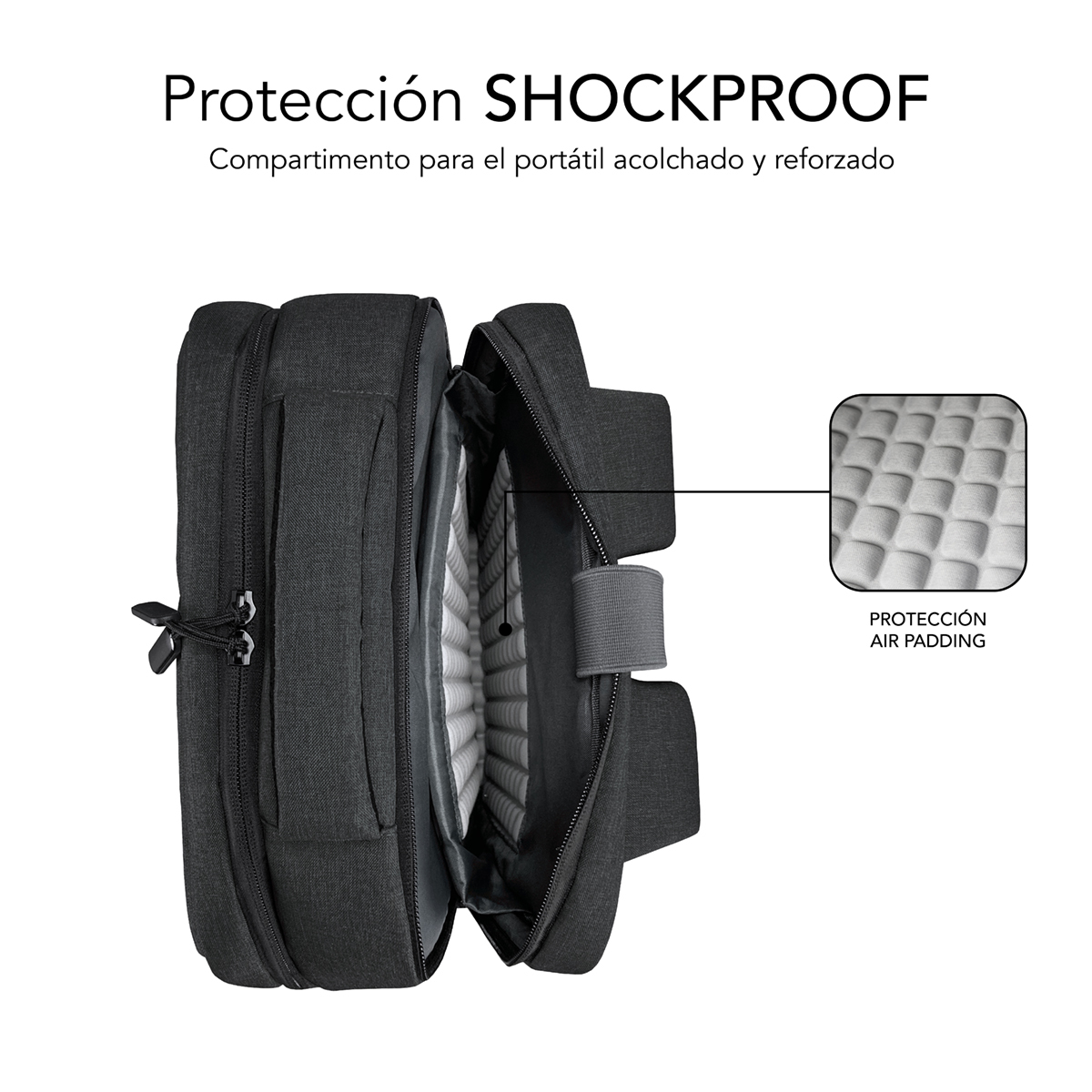 Dunkelgraue Laptoptasche mit Reißverschlüssen und gepolstertem Laptopfach.