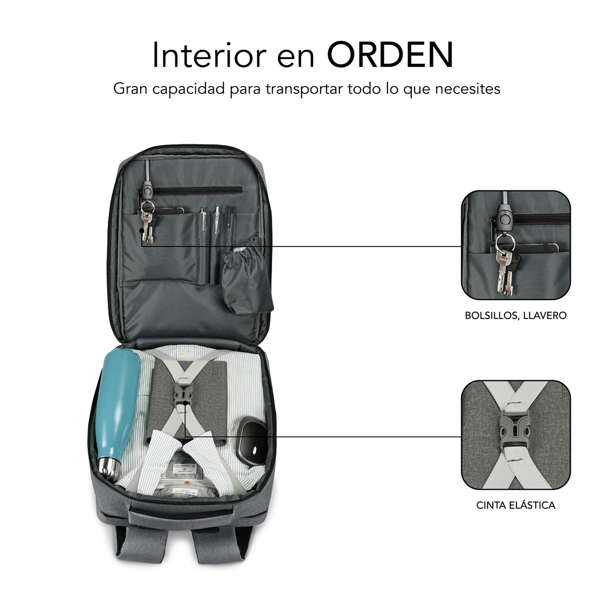 Ein offener Rucksack zeigt seine Innenorganisation mit Flaschen, Kleidung, Schlüssel und Fächern.