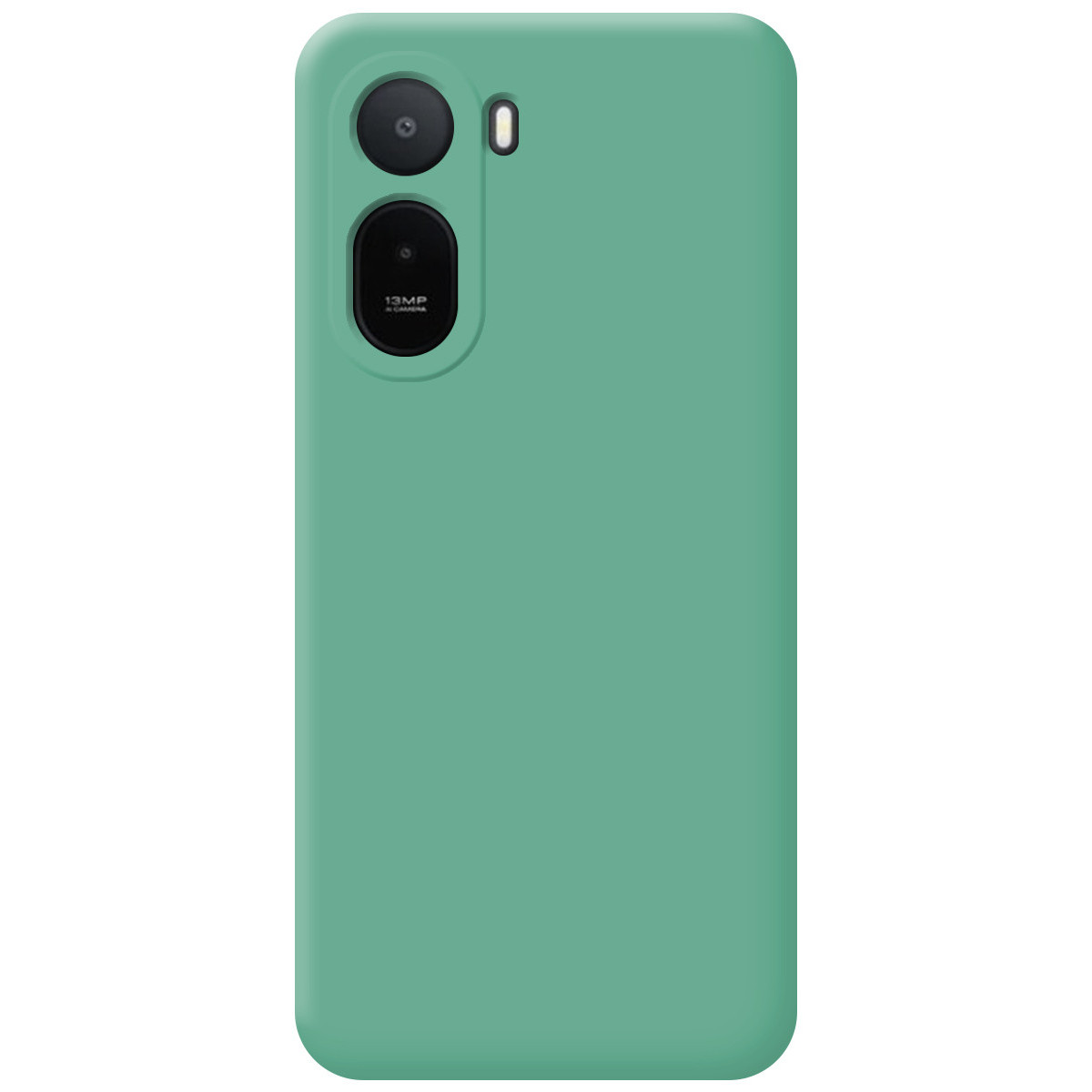 Funda de teléfono verde con sistema de doble lente y flash.