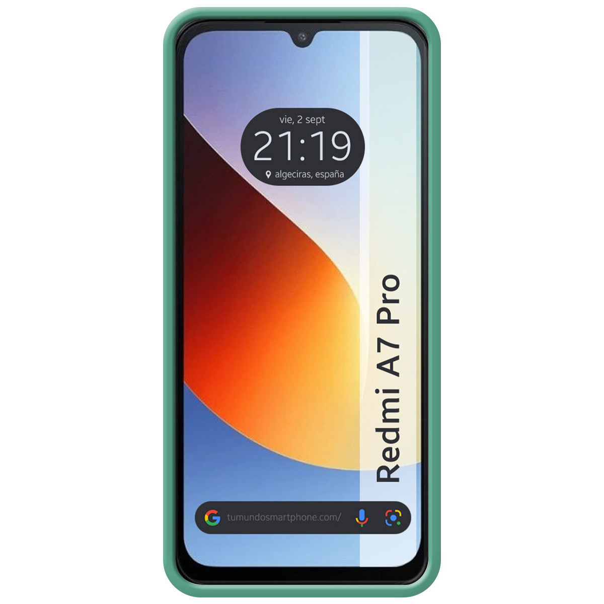 Funda verde para móvil con smartphone mostrando 21:19, 2 sept, Algeciras, España.