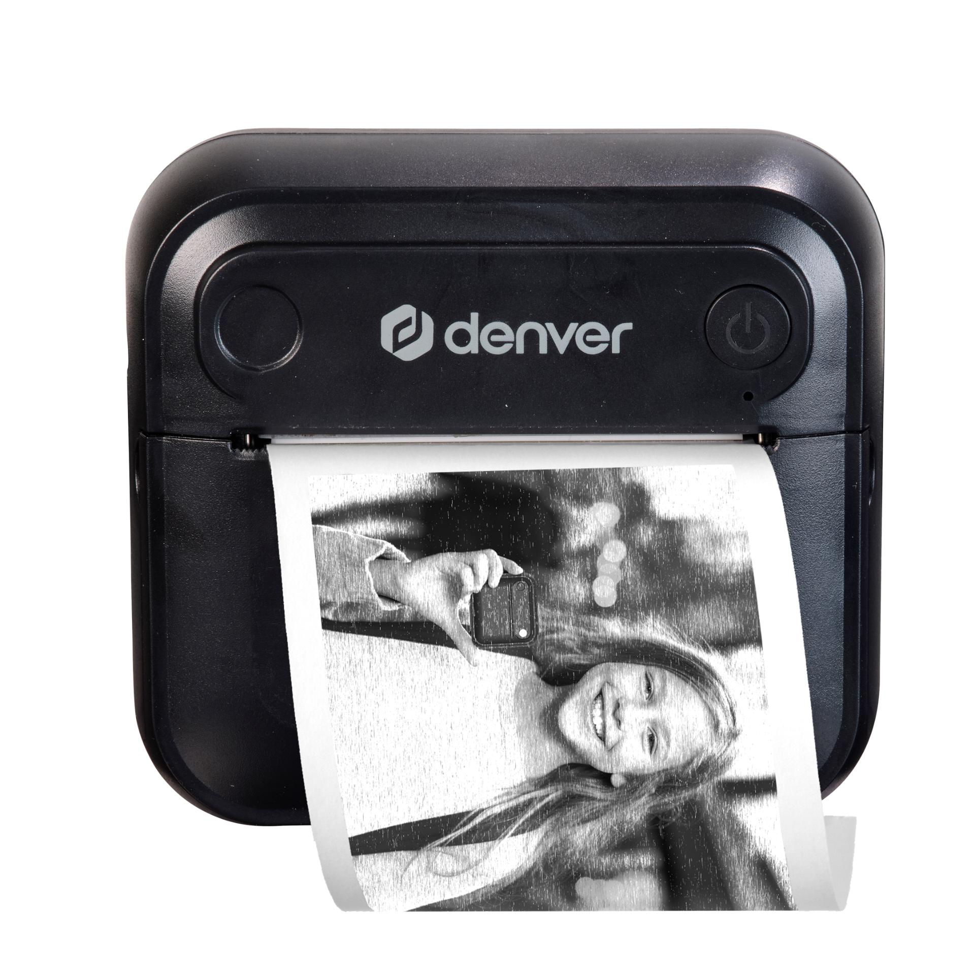 Black Denver printer printing a black and white photo of a smiling girl.