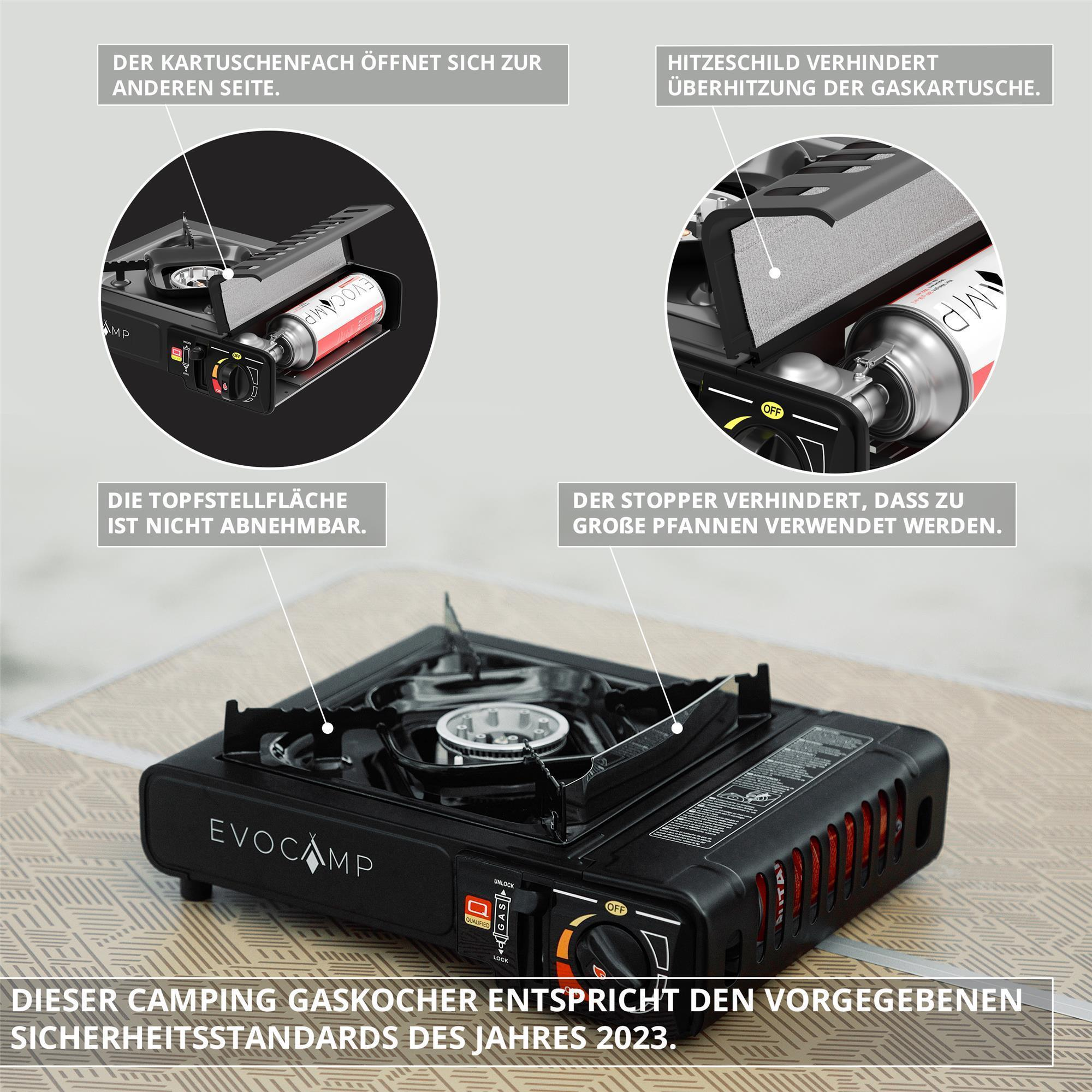 Schwarzer Camping Gaskocher mit Gaskartusche. Zeigt Funktionen wie abnehmbare Topfablage.