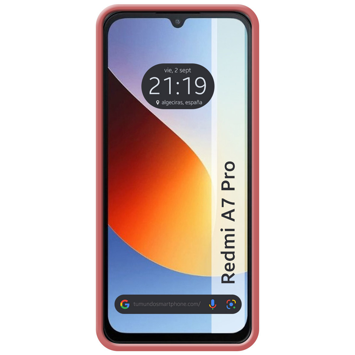 Un smartphone rojo que muestra la hora 21:19 sobre un fondo de pantalla colorido.