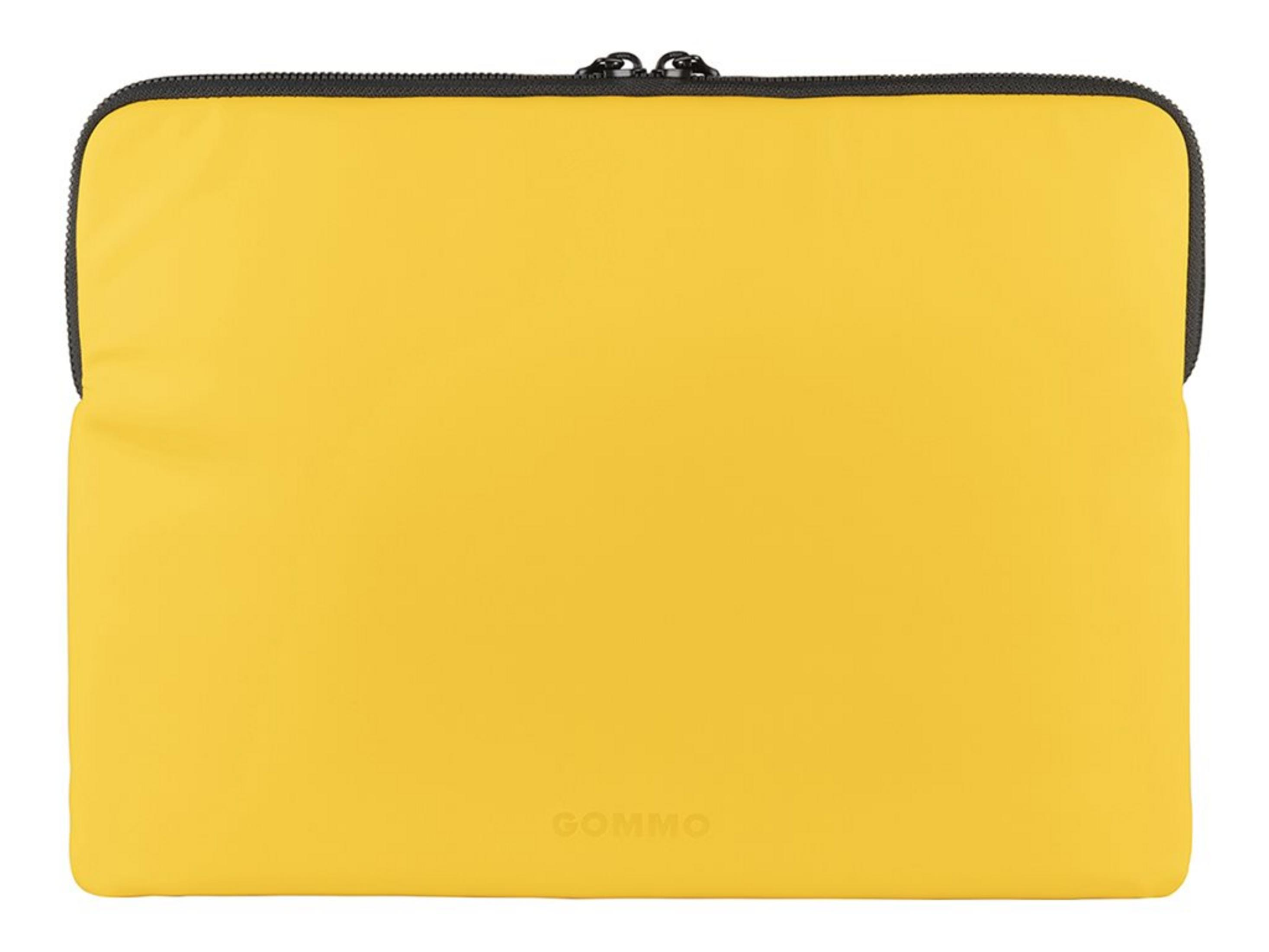 Eine gelbe Laptoptasche mit schwarzem Reißverschluss und Logo.