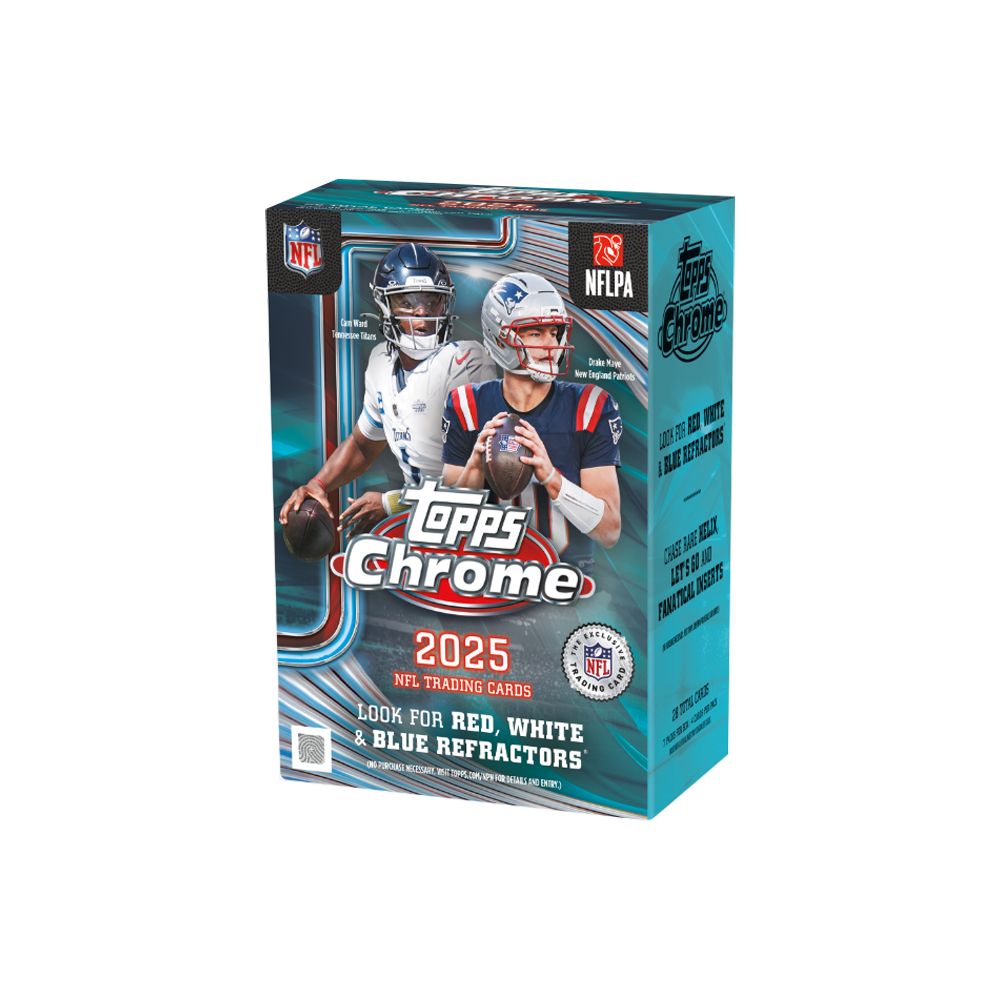 Topps Chrome 2025 NFL Trading Cards Box mit Spielern Cam Ward und Drake Maye.
