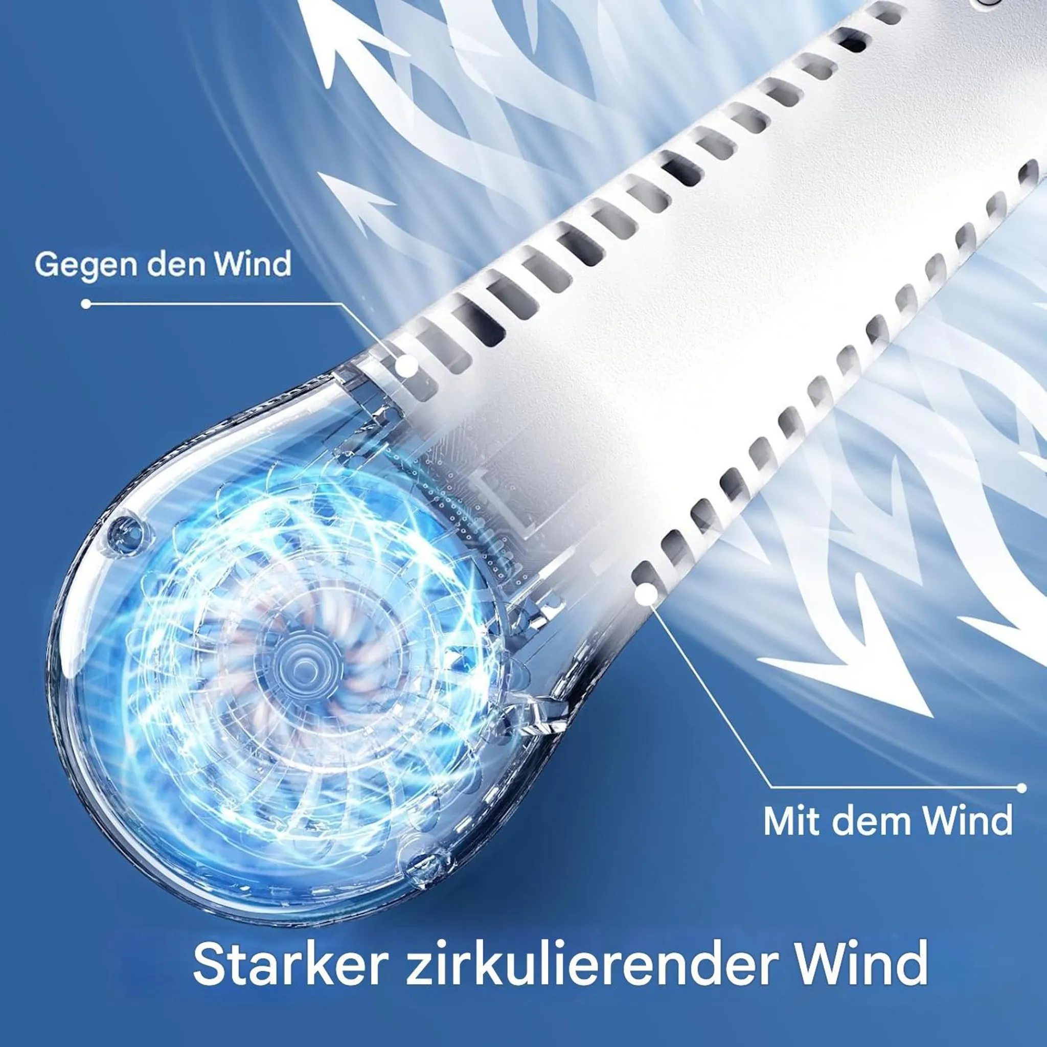 Ein weißes Gerät mit einem sichtbaren Lüfter, der Luft verströmt.