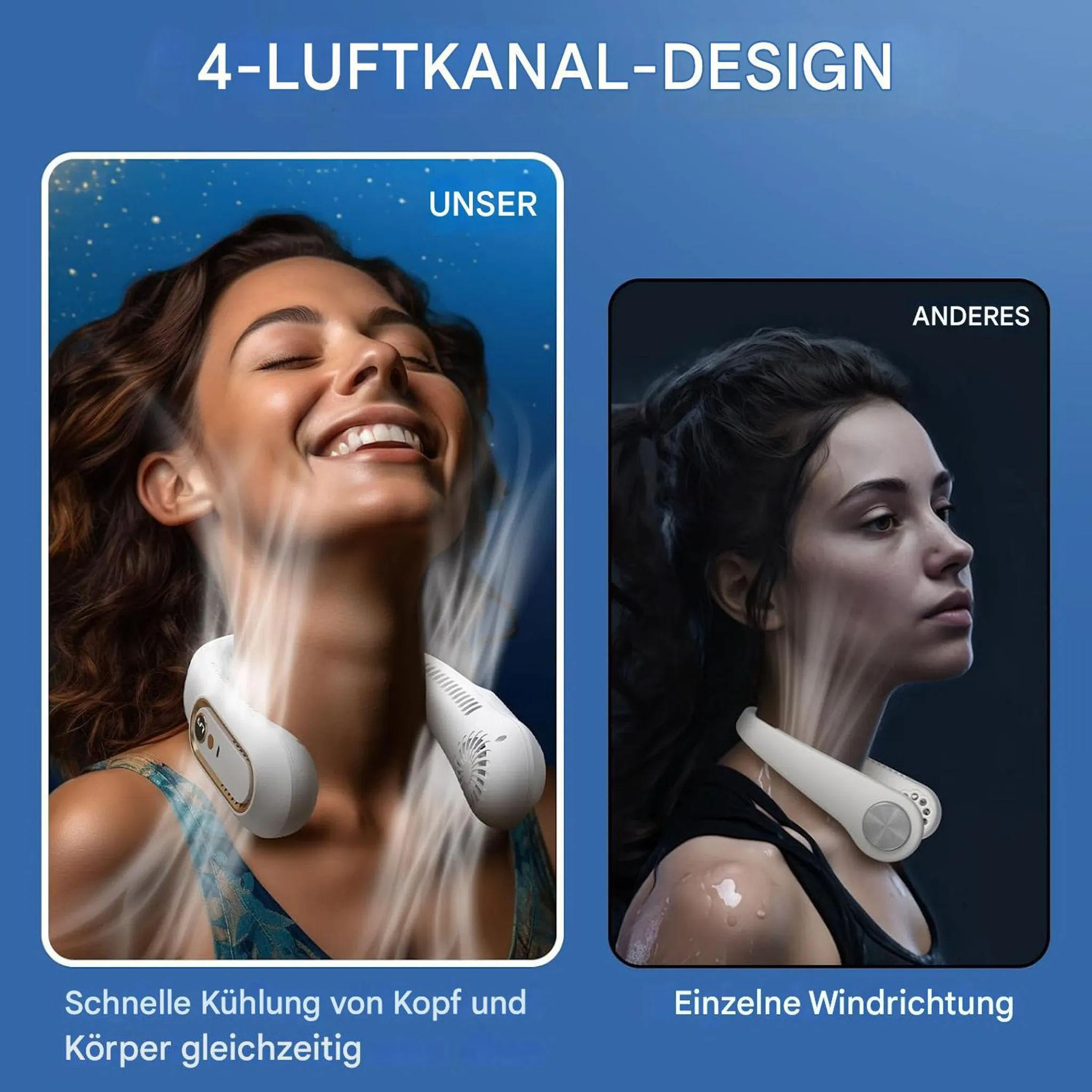 Vergleich von zwei Nackenventilatoren: Einer kühlt Kopf/Körper, der andere hat eine Richtung.