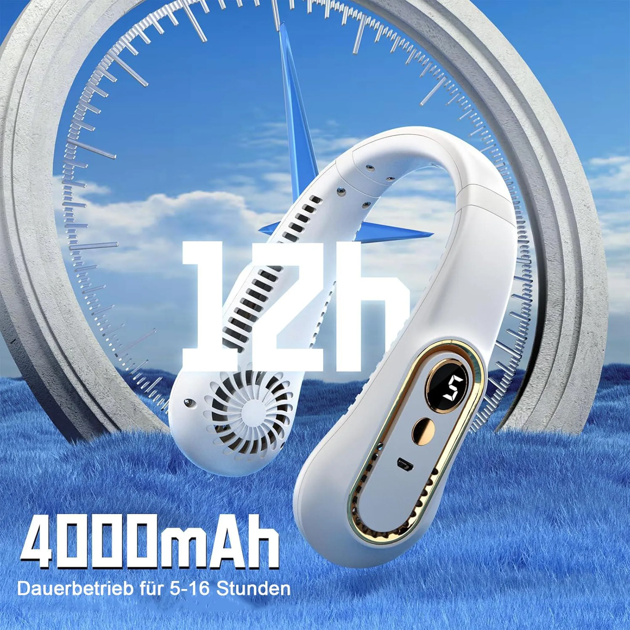 Ein Halsventilator mit 4000mAh Akku und 12h Laufzeit.