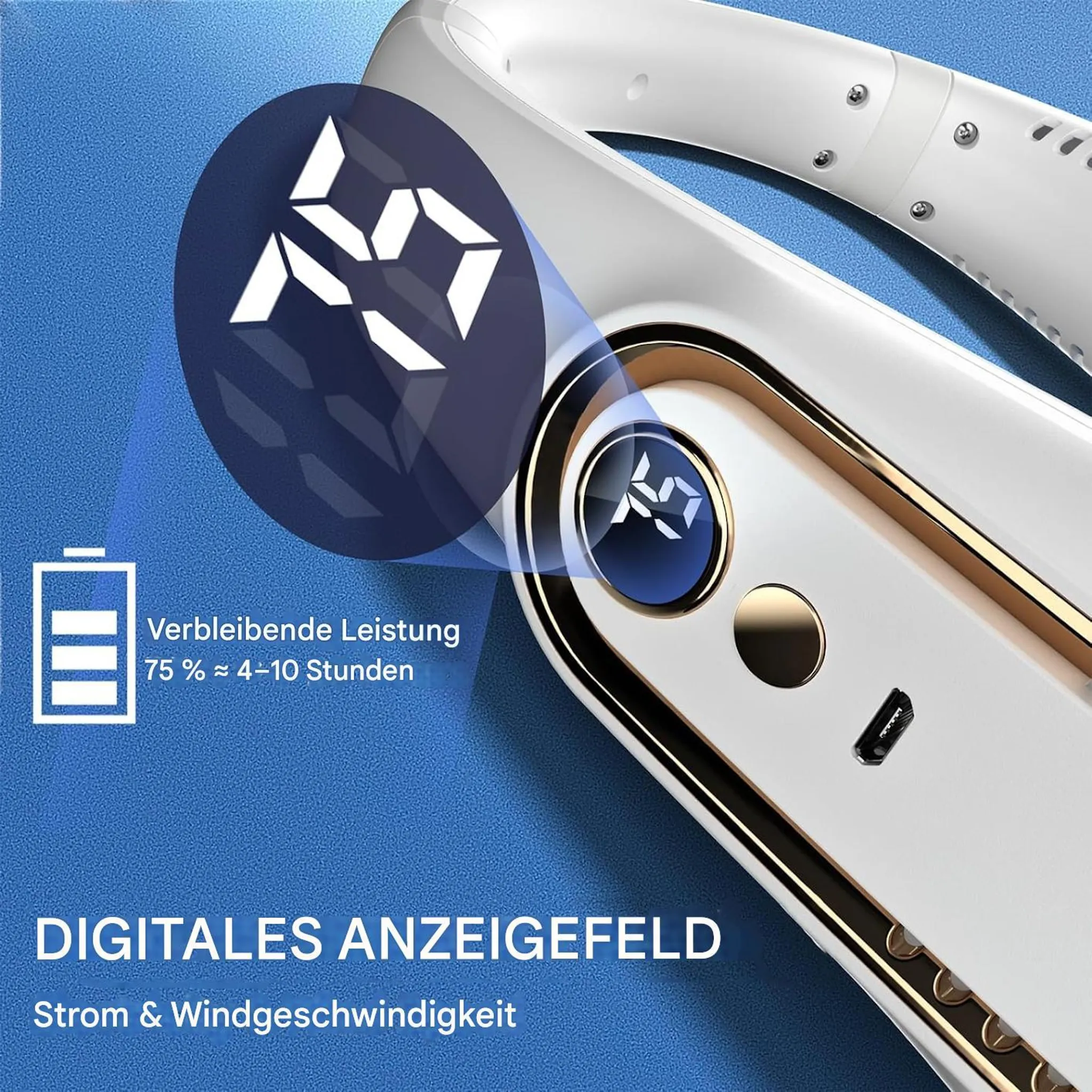 Ein weißes Halsventilator-Display zeigt 75% Akku und 4-10 Stunden Laufzeit.