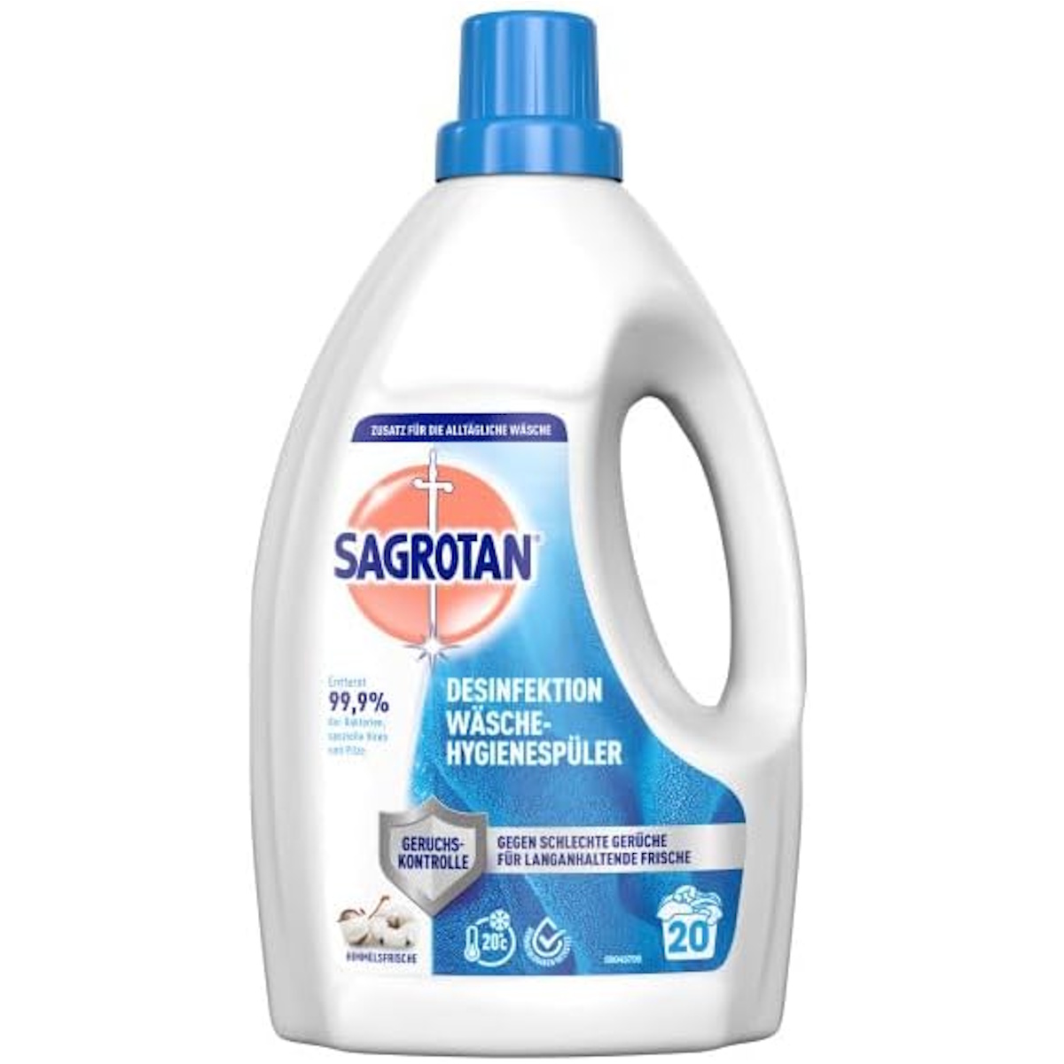 Eine weiße Flasche Sagrotan Wäsche-Hygienespüler mit blauem Deckel.