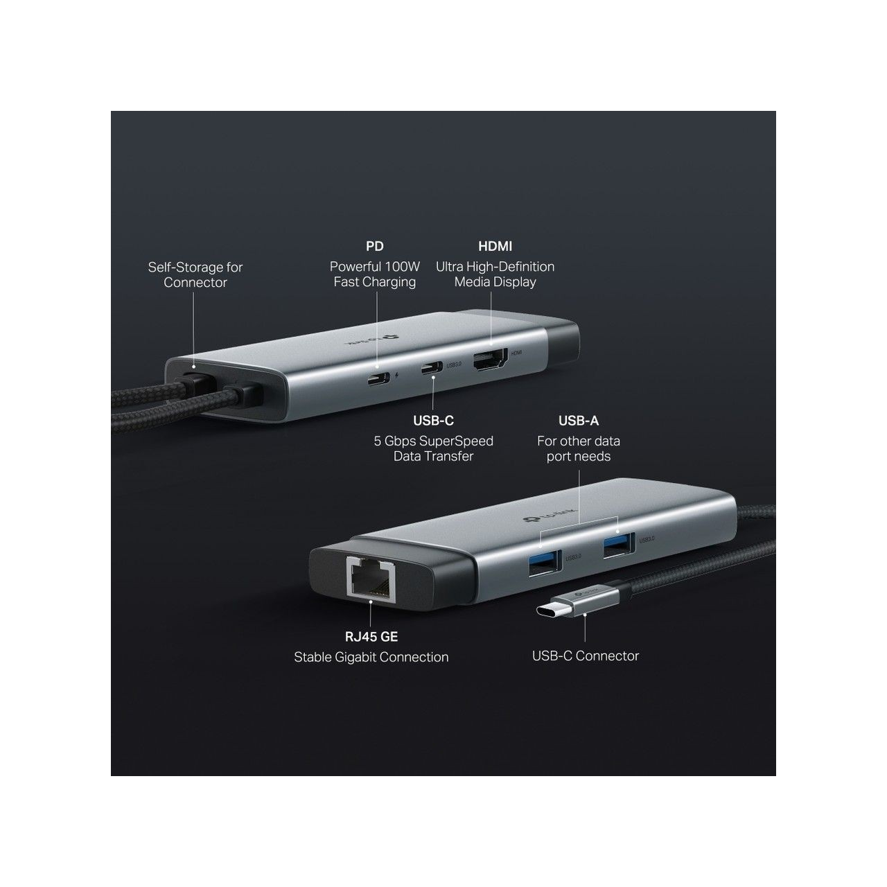 Dwa srebrne huby USB-C, jeden z portami PD, HDMI, USB-C i USB-A.