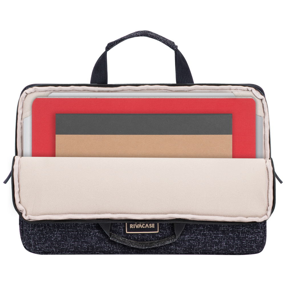 Eine schwarze Laptop-Tasche mit roten, grauen und braunen Einlagen.