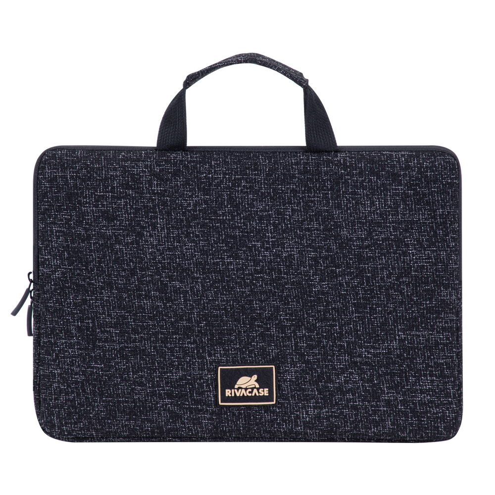 Dunkelgraue Laptoptasche mit Henkel und Reißverschluss. RIVACASE-Logo unten.