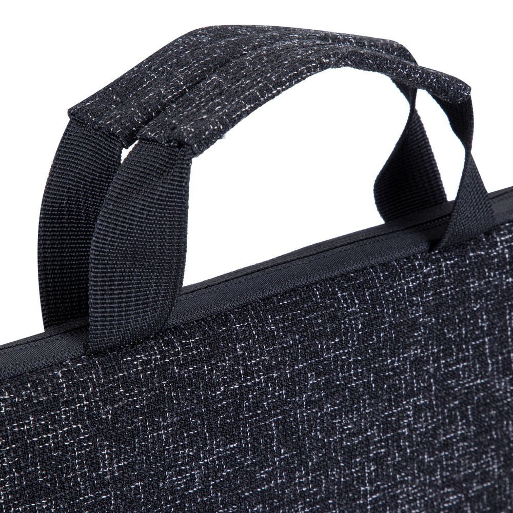 Schwarze Laptoptasche mit Henkeln und Reißverschluss, gemustertem Stoff.