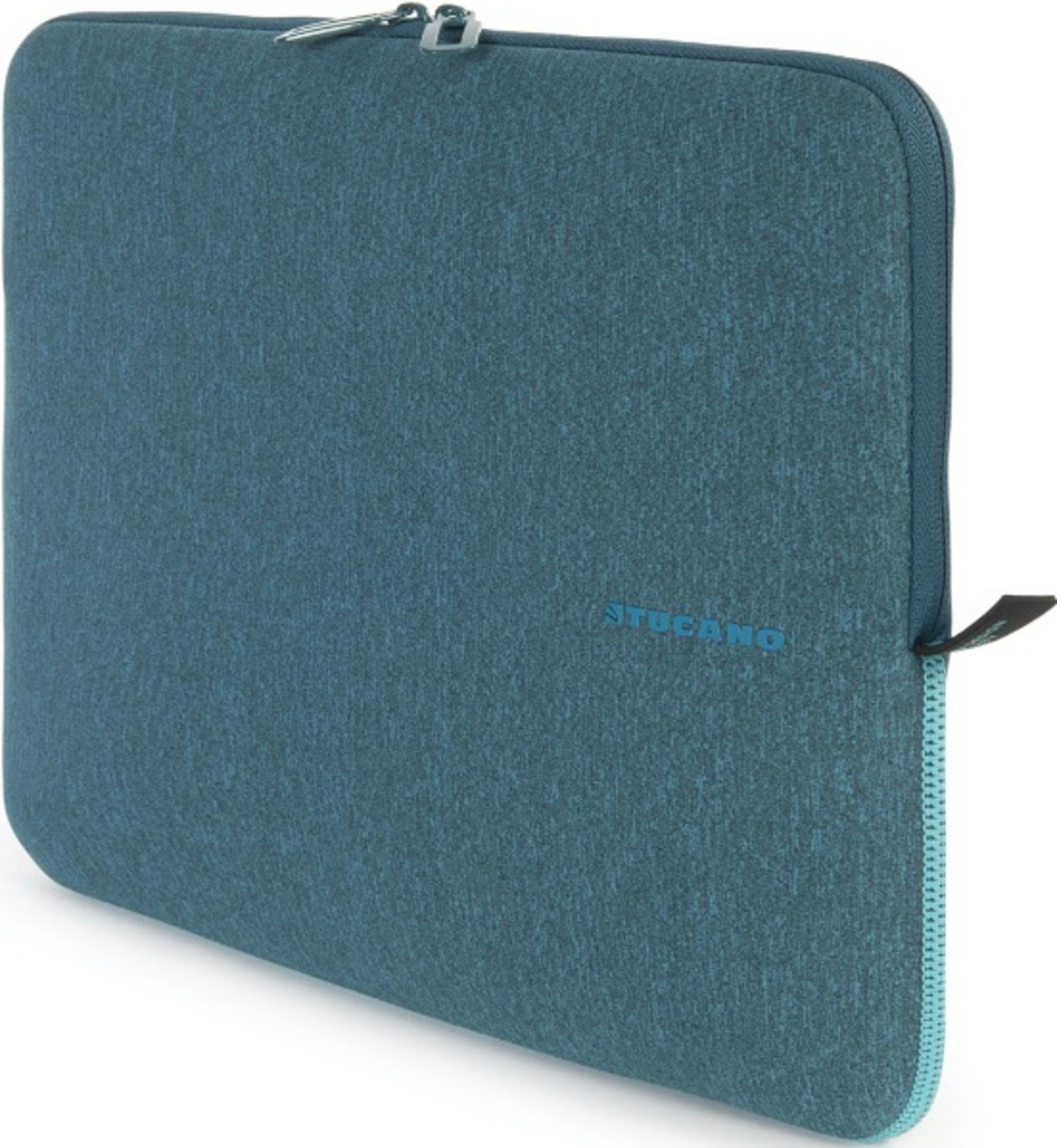 Eine blaue Laptoptasche mit Reißverschluss und kleinem Logo.