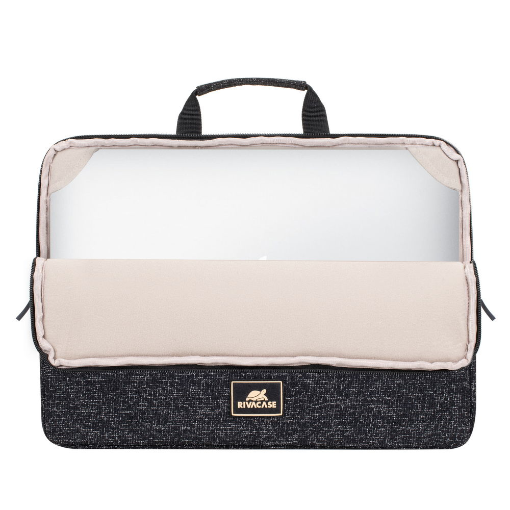 Borsa nera per laptop con manici e fodera interna chiara.