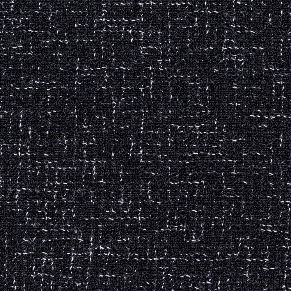 Tessuto tweed scuro con sottili fili bianchi che formano un motivo a quadri.