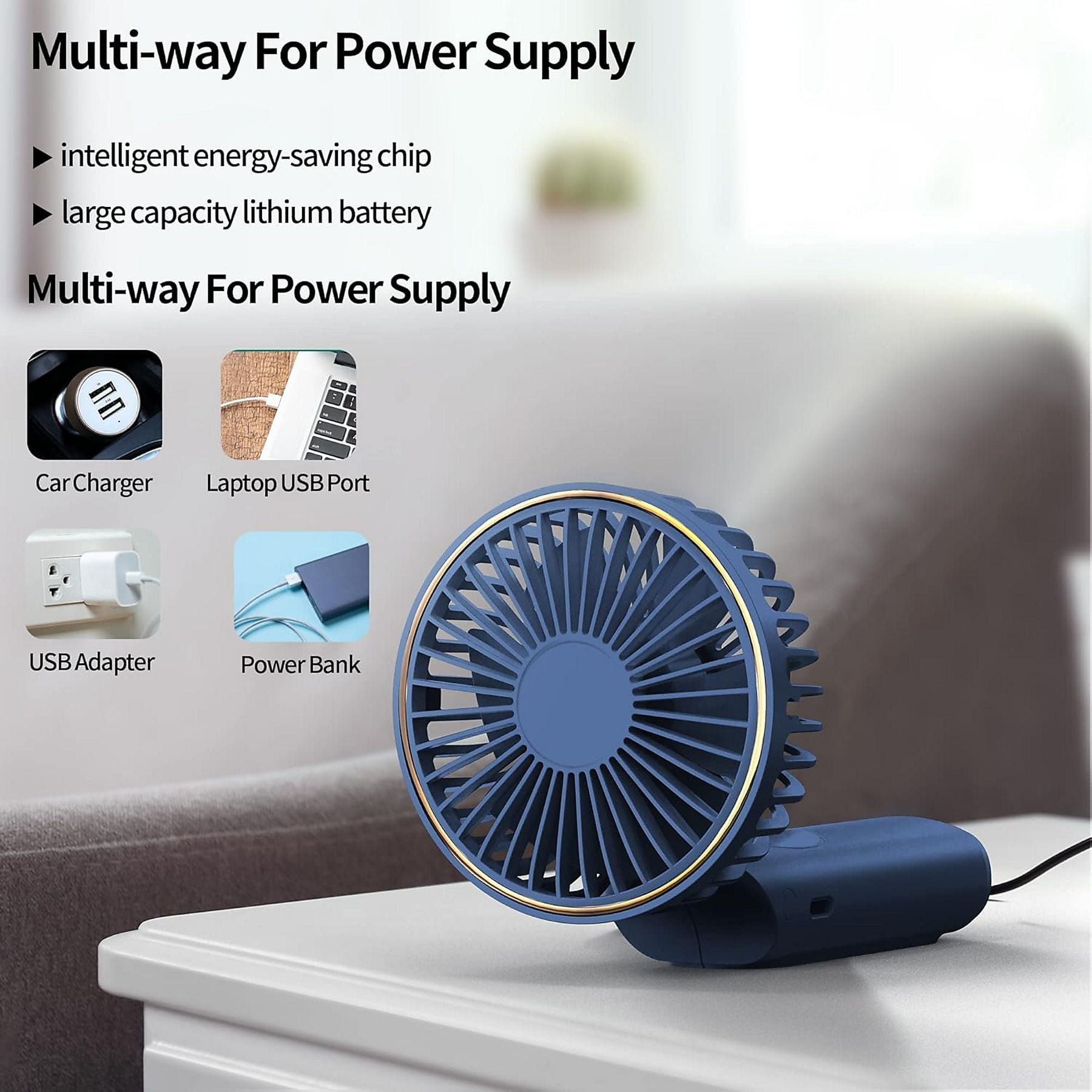 Ein blauer Ventilator mit goldenem Rand steht auf einem weißen Tisch. Bilder zeigen Ladeoptionen.