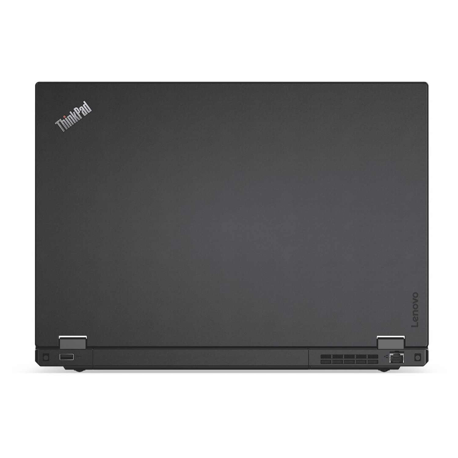 Ein geschlossener schwarzer Lenovo ThinkPad Laptop mit sichtbaren Anschlüssen an der Seite.