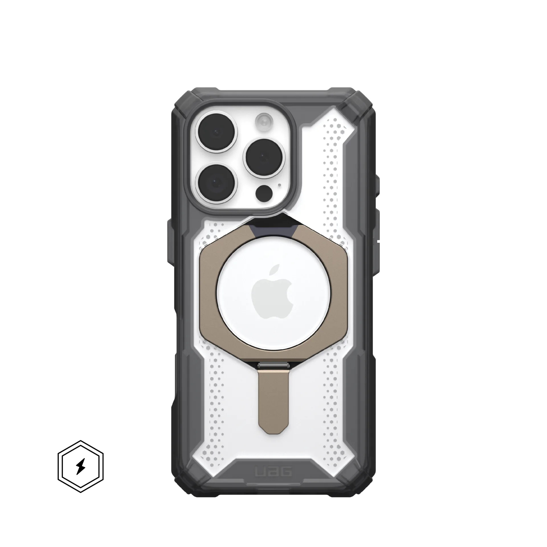Schwarze Hülle für iPhone mit Kameras und Apple-Logo-Halterung.
