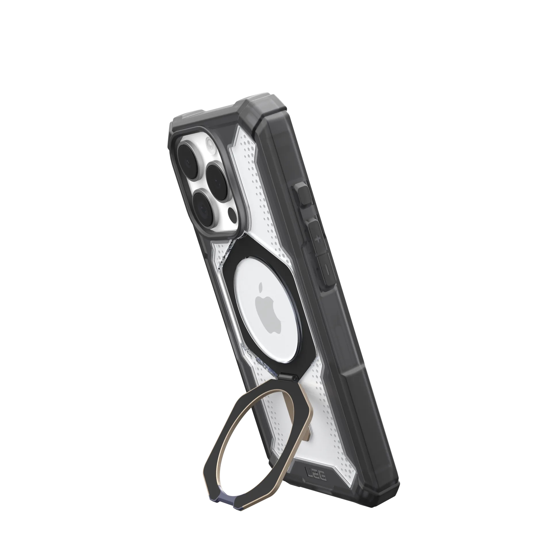 Schwarze Handyhülle mit Ringhalterung und Apple-Logo.