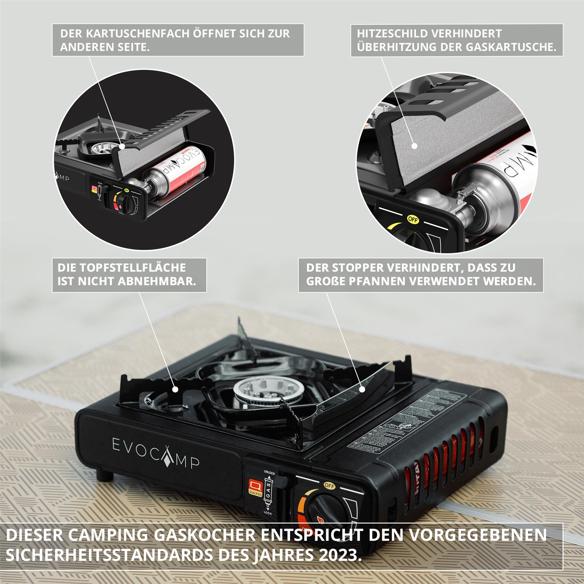 Schwarzer Camping Gaskocher mit Gasflasche und Hitzeschild.
