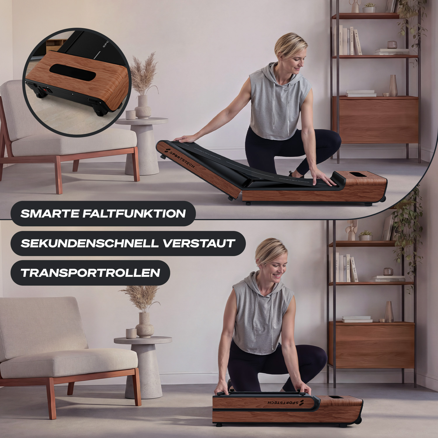 Frau faltet ein Laufband mit Holzoptik zusammen, das Transportrollen hat.
