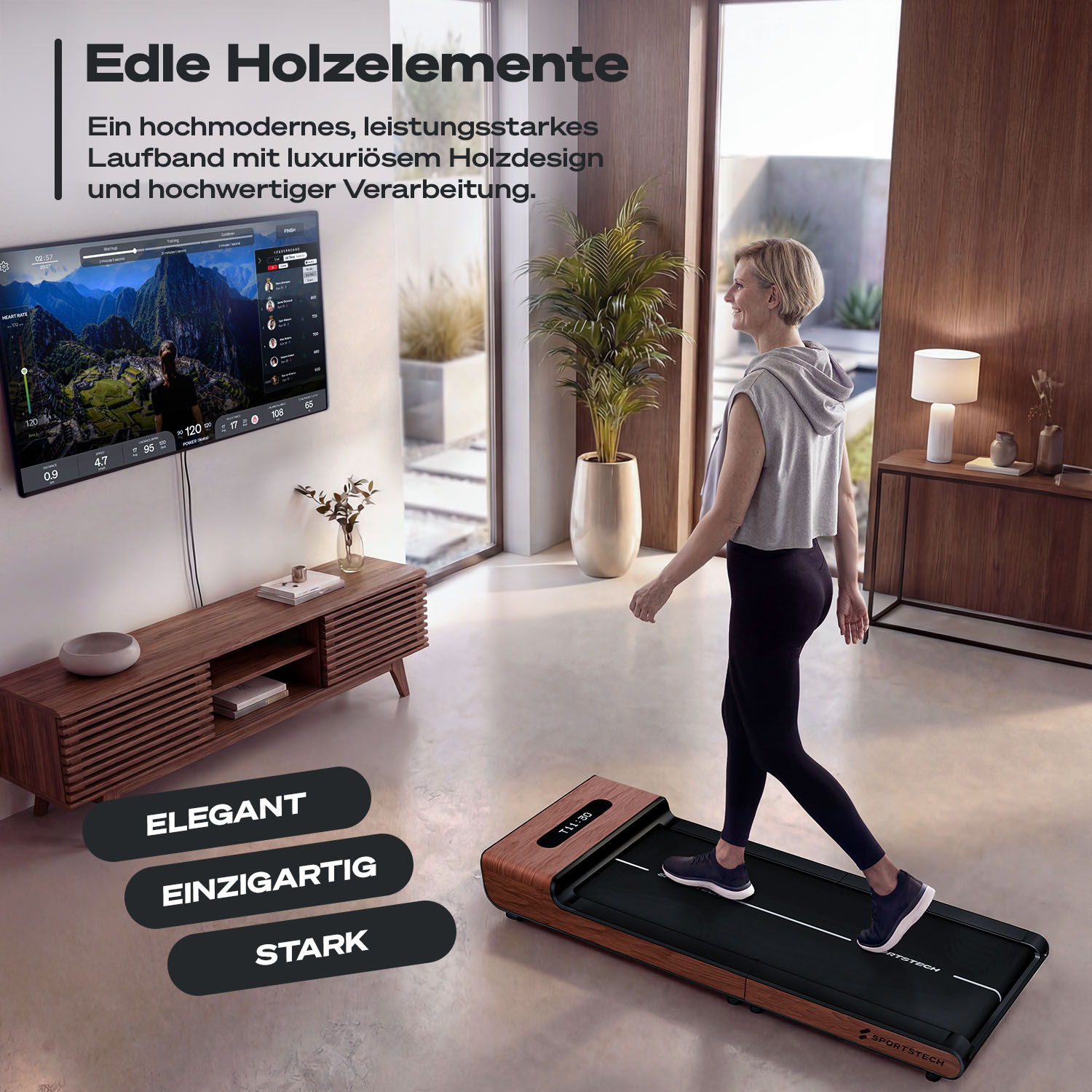 Frau geht auf einem Holz-Laufband vor einem großen Bildschirm mit Landschaft. Modern.
