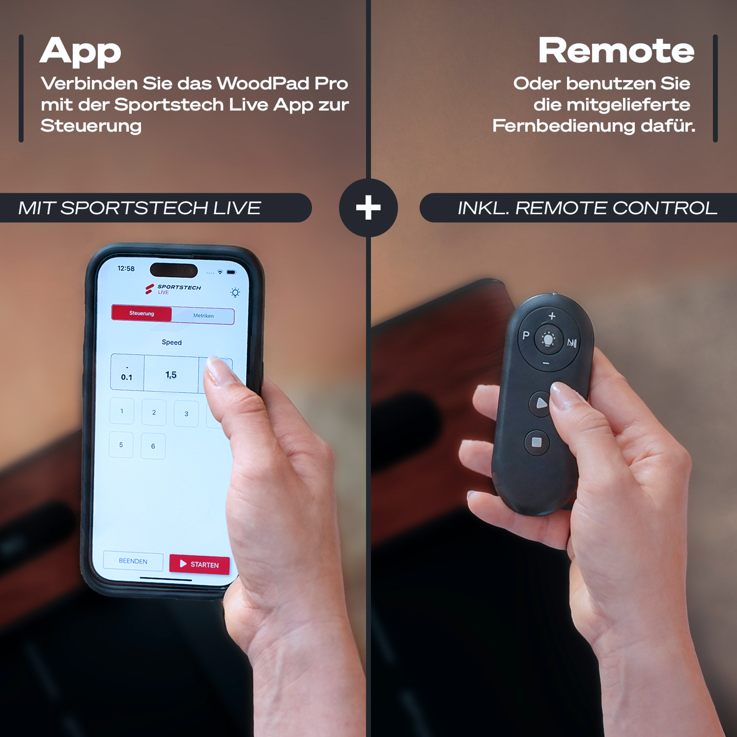 Eine Hand hält ein Smartphone mit der Sportstech Live App. Eine andere Hand hält eine Fernbedienung.