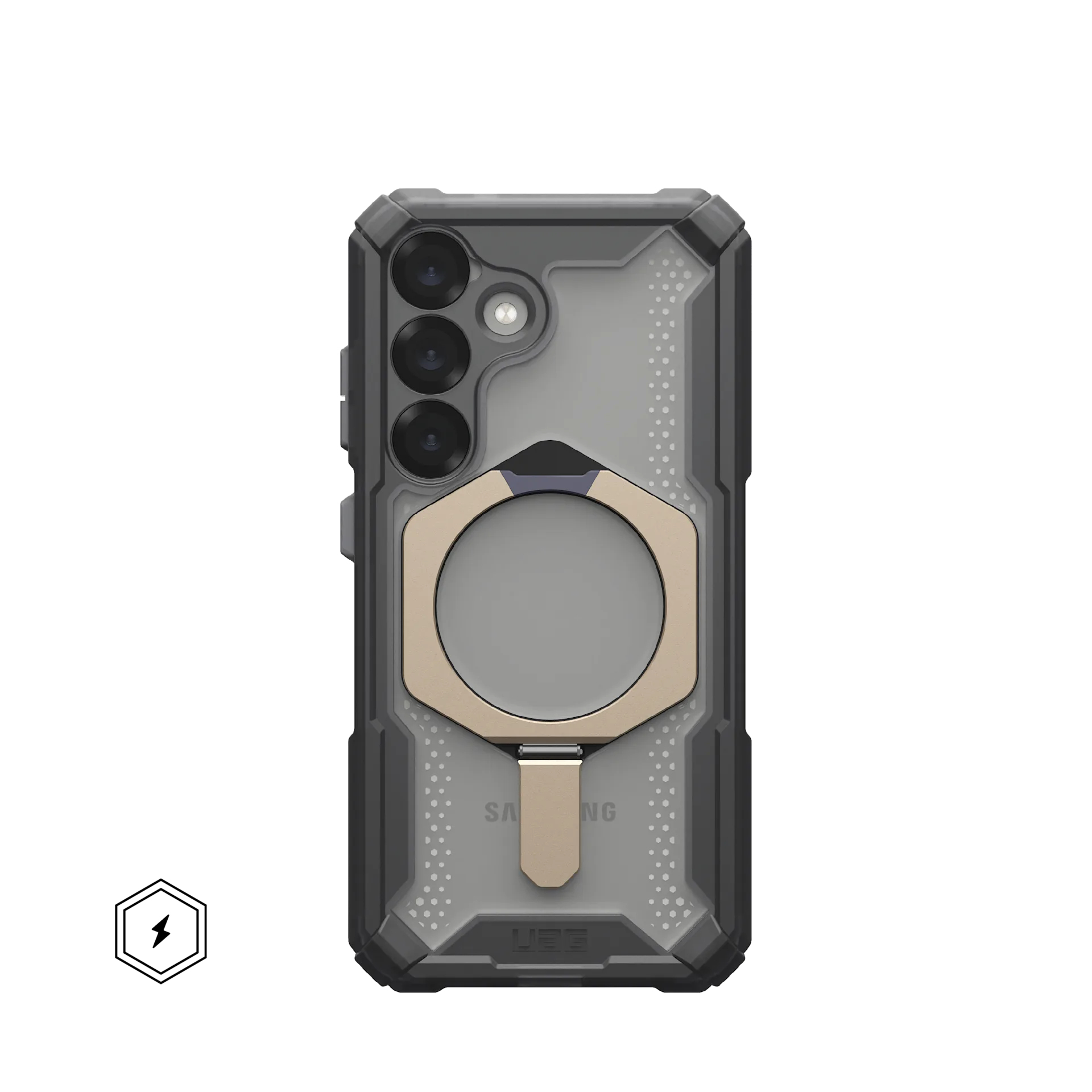 Retro di una robusta custodia per telefono con tripla fotocamera e anello portaoggetti.
