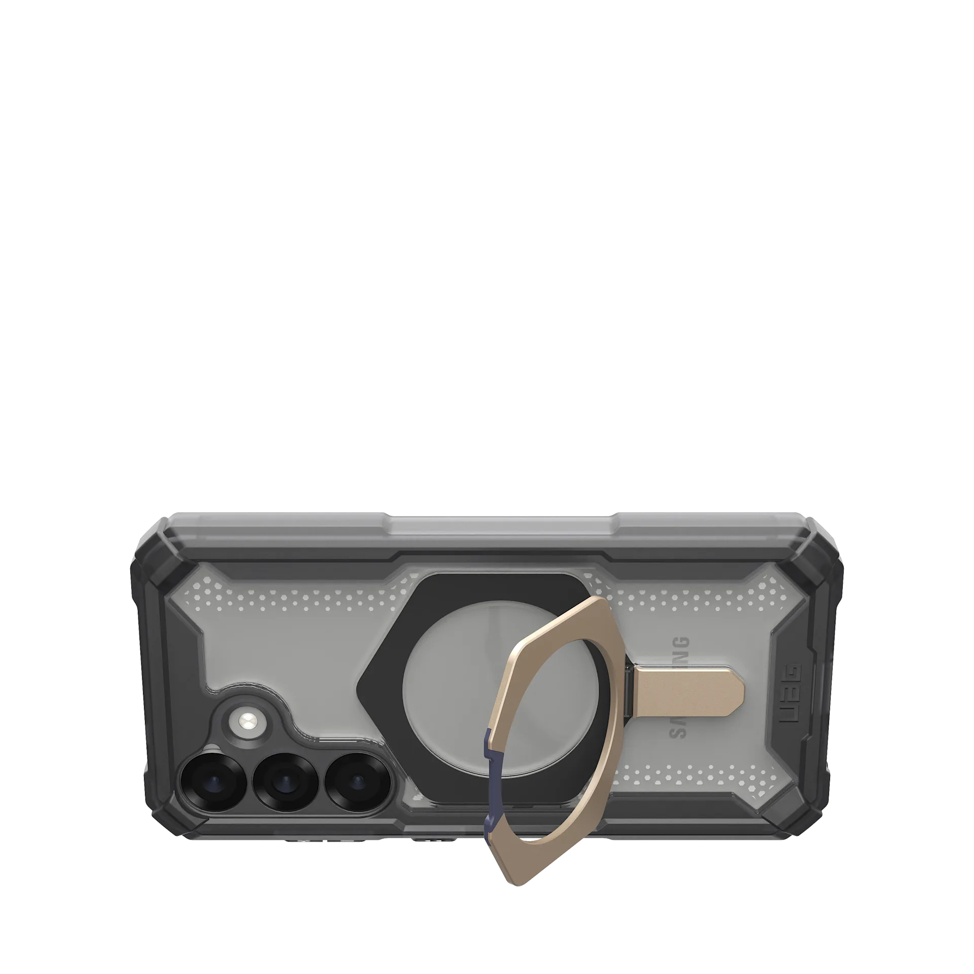 Custodia nera per telefono con anello dorato e fotocamere su sfondo bianco.