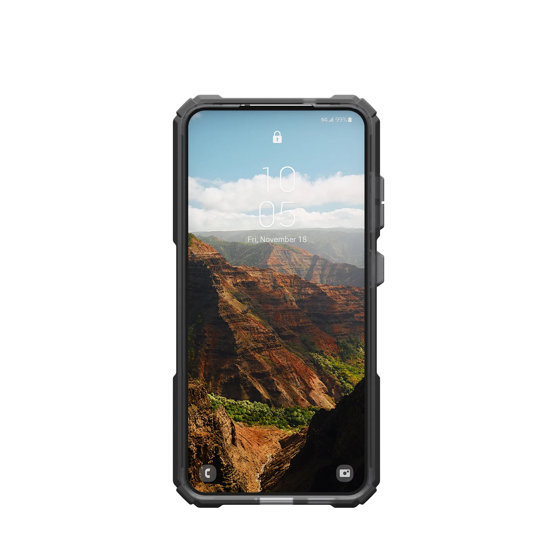Smartphone nero con sfondo paesaggio canyon. Ora 10:05.