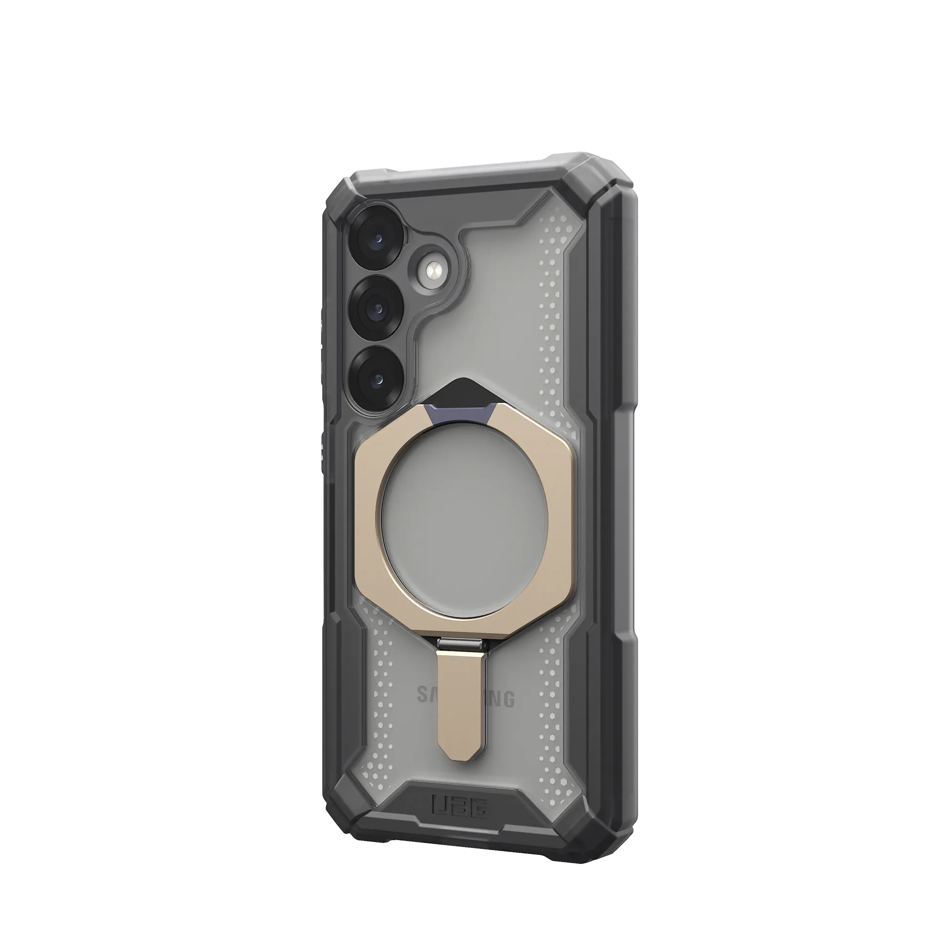 Custodia nera per telefono con anello portaoggetti dorato e triplo foro fotocamera.