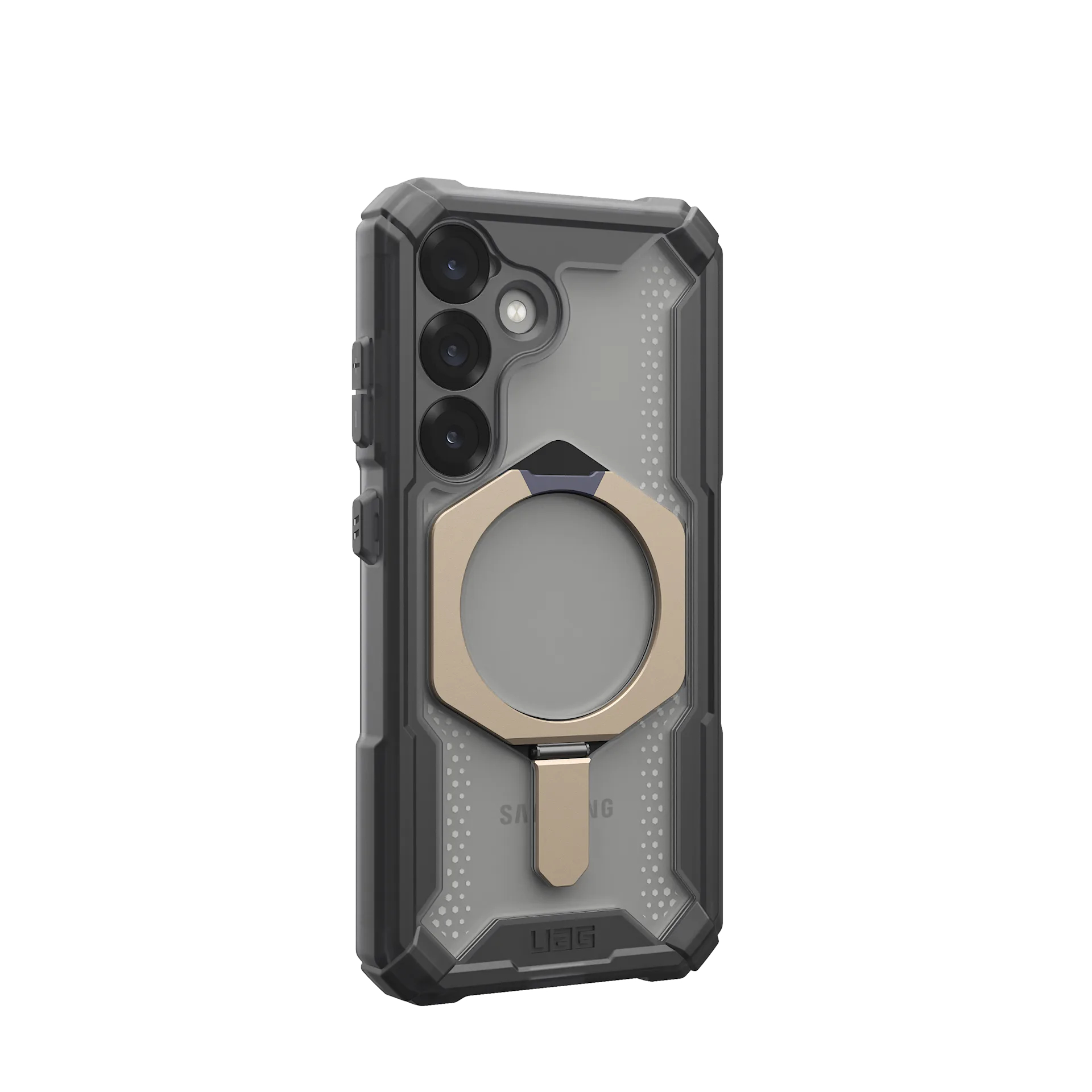 Custodia nera robusta con porta anello dorato e tre fotocamere.