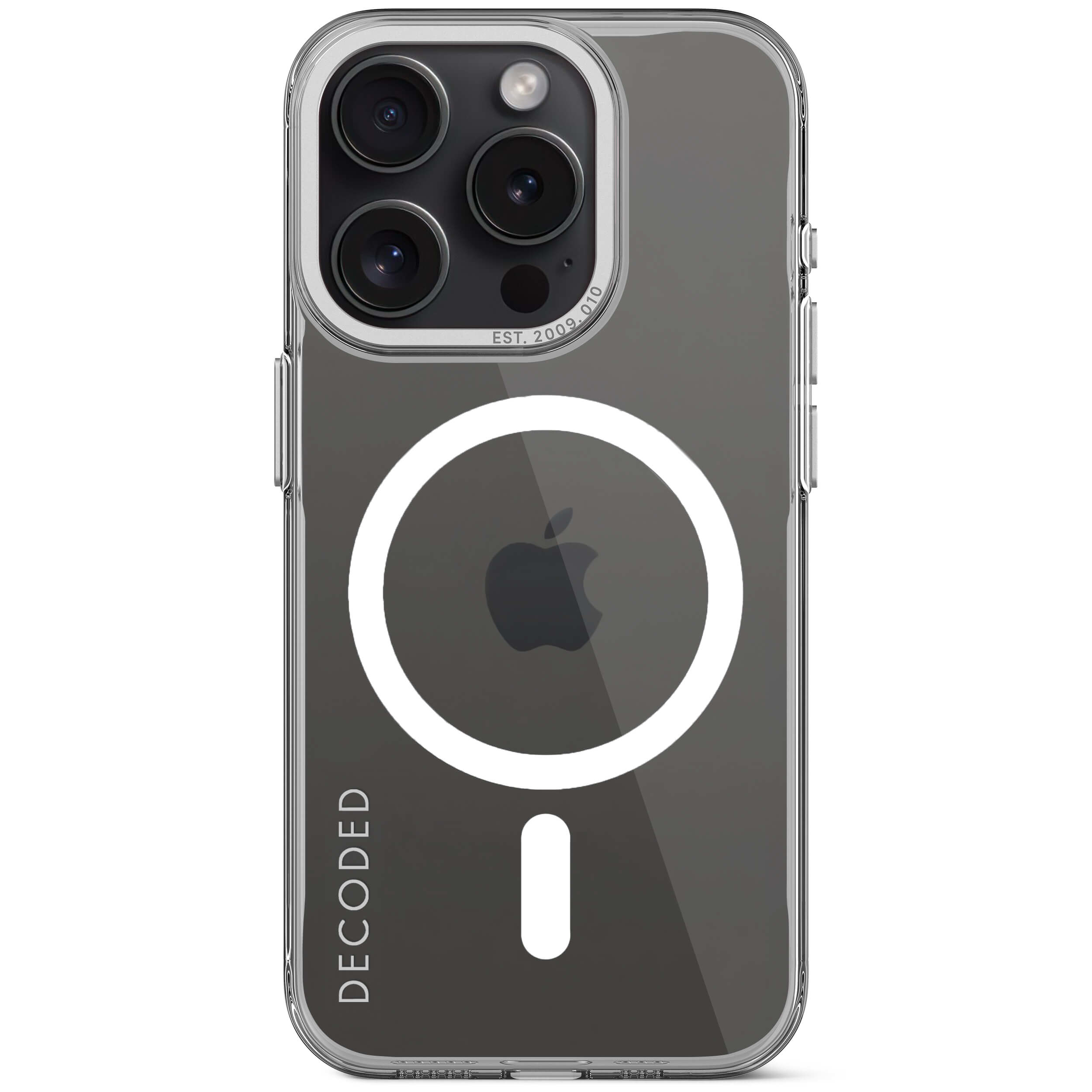 Custodia trasparente per telefono con fotocamere e cerchio bianco.