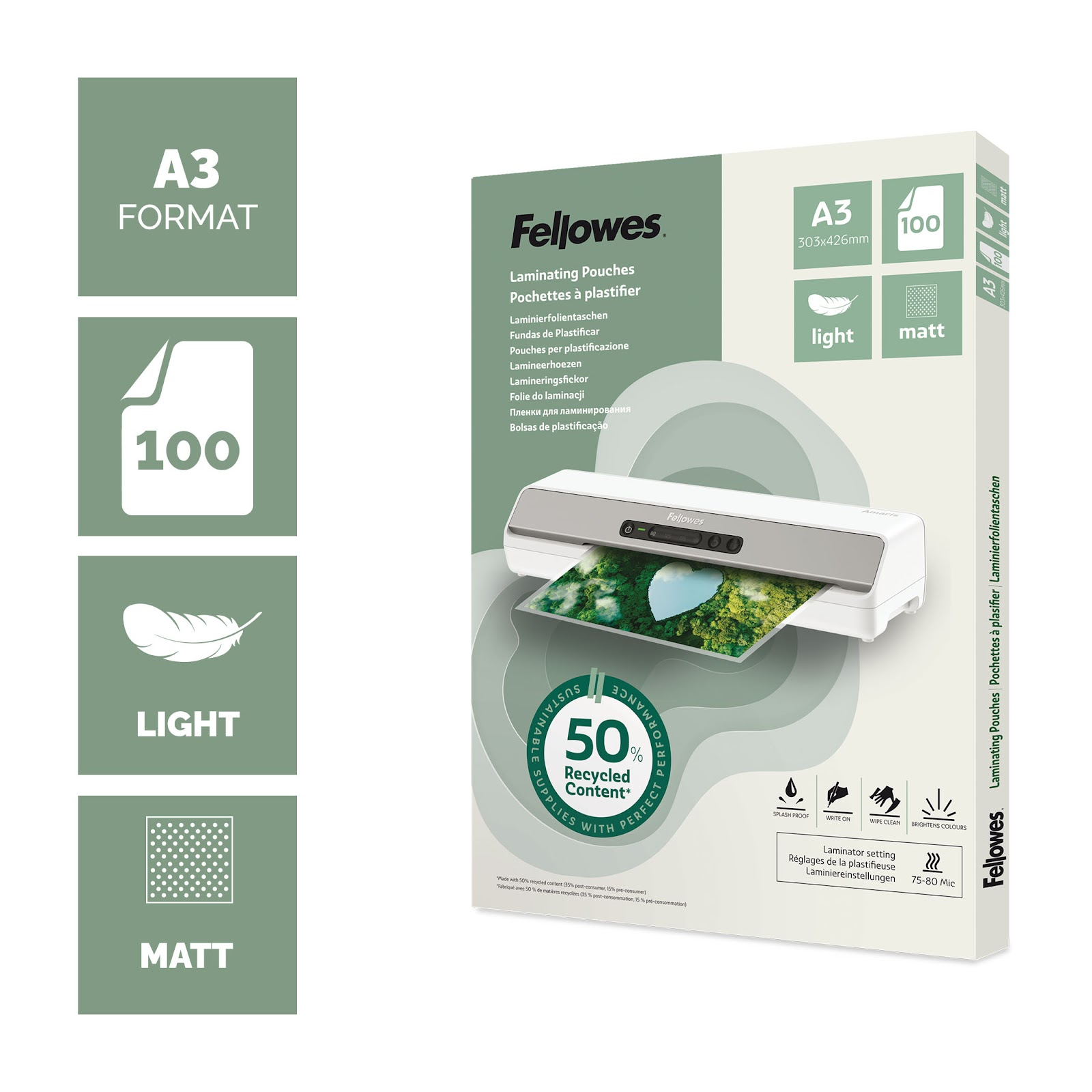 Fellowes A3 Laminierfolien: 100 Stück, leicht, matt, 50% recycelt.