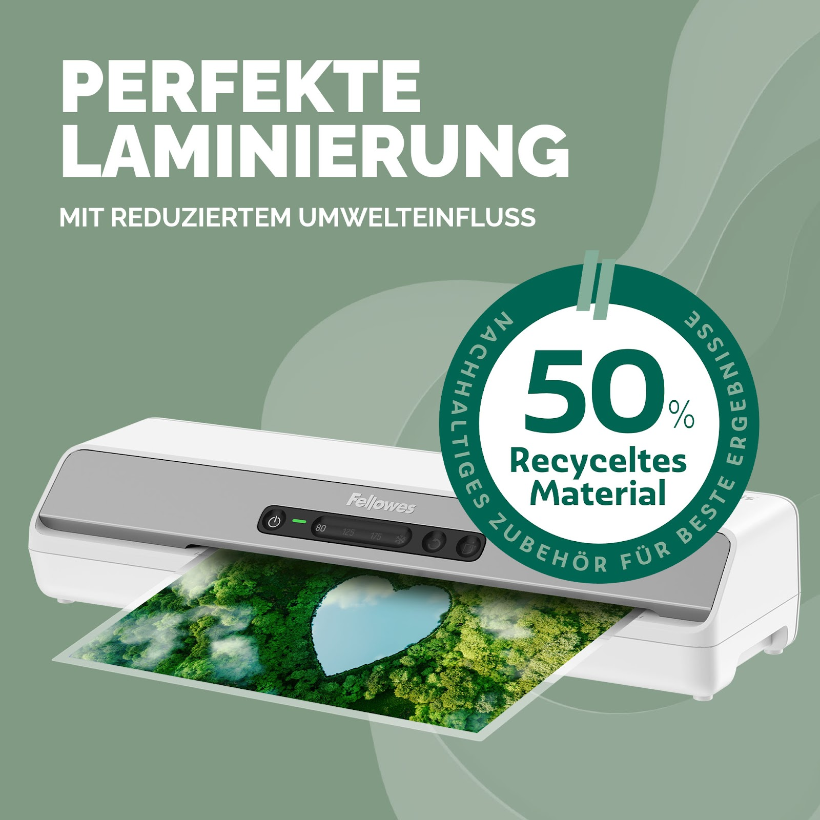 Fellowes Laminiergerät mit 50% recyceltem Material, bedruckte Seite mit Herzform.
